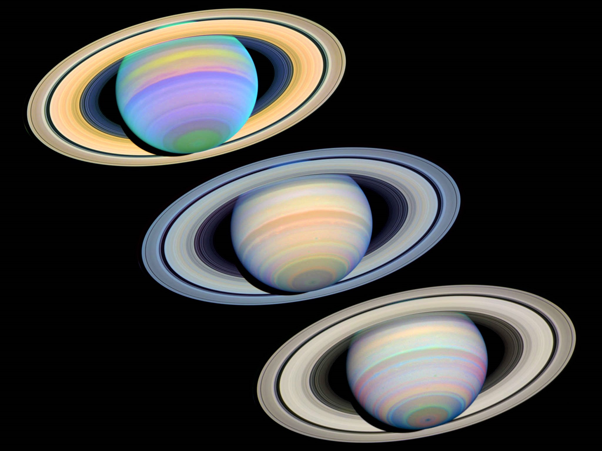 Three views of Saturn captured in 2003 by the Hubble Space Telescope.&nbsp;
