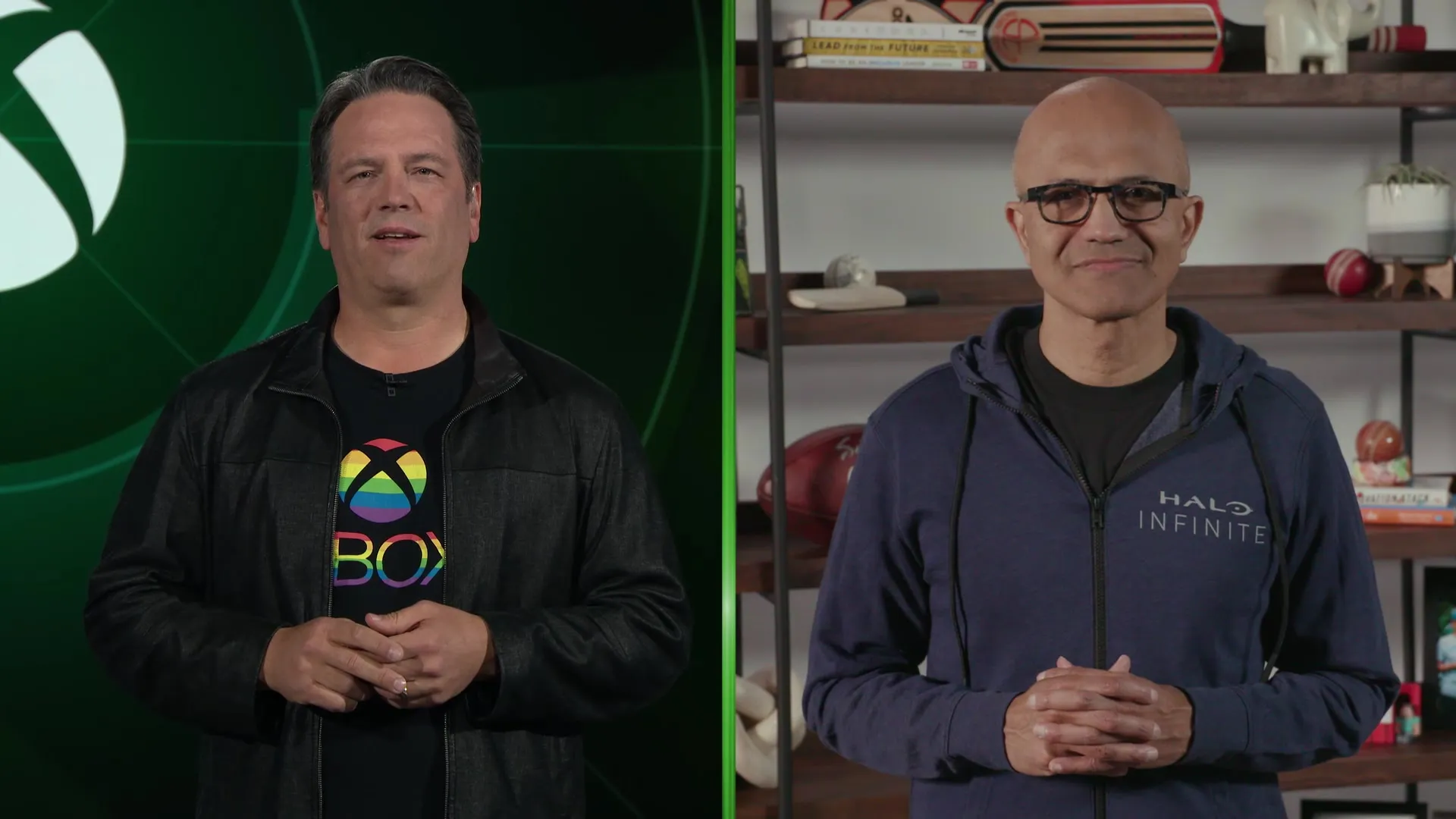 Xbox Chief Phil Spencer and Microsoft CEO Satya Nadella in an image from a video discussing Microsoft's gaming plans.