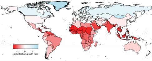 This map shows how higher average annual temperatures from climate change may disproportionately impact economic growth around the world.
