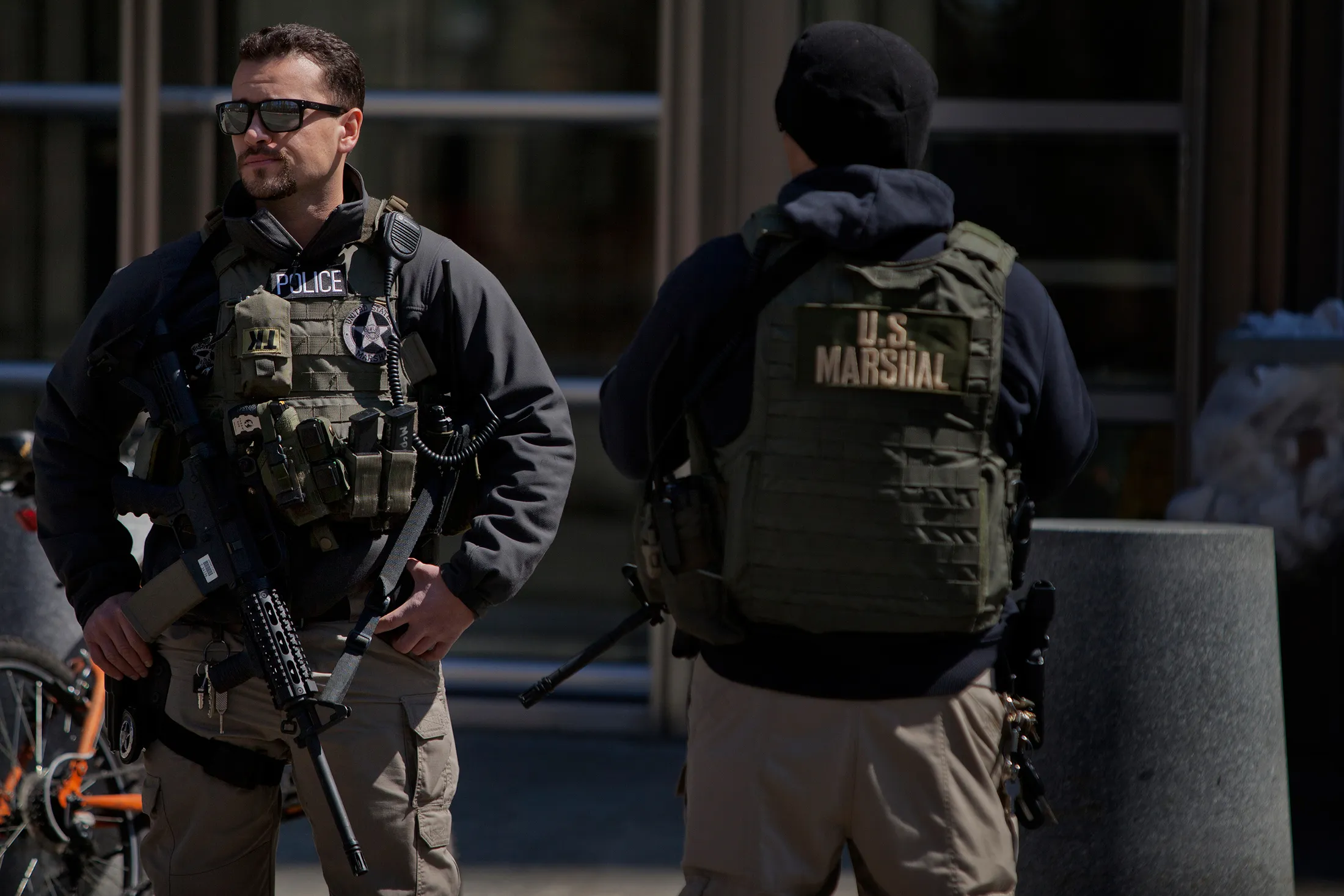 U.S. Marshals stand outside U.S. Federal Court in Brooklyn during the arraignment on terrorism charges of two Queens women, identified as 28-year-old Noelle Velentzas and 31-year-old Asia Siddiqui, as well as American citizen and accused Al Queda member Muhanad Mahmoud al Farekh, 29, on April 2, in New York City.
