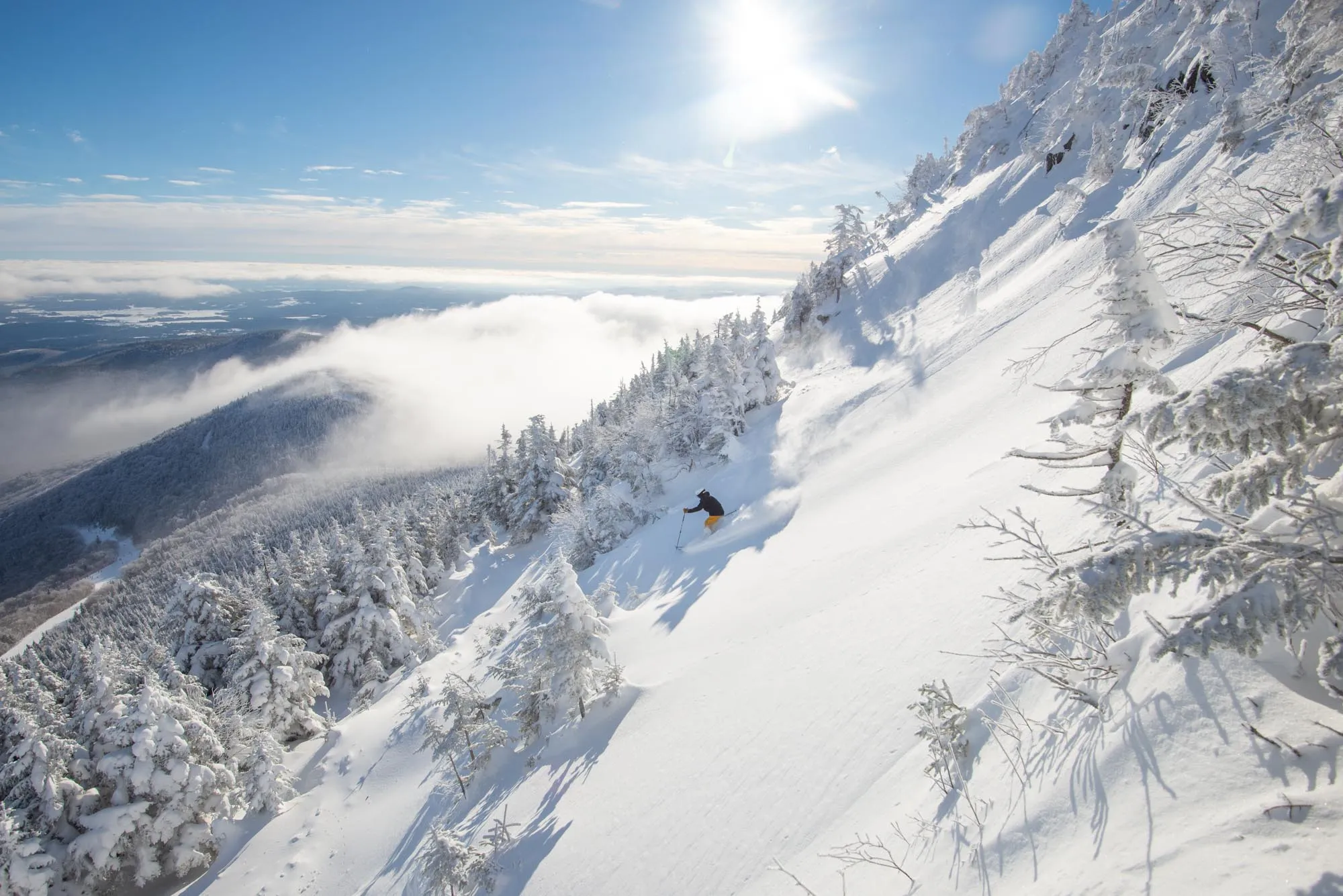 A skier on the Jay Peak headwall.