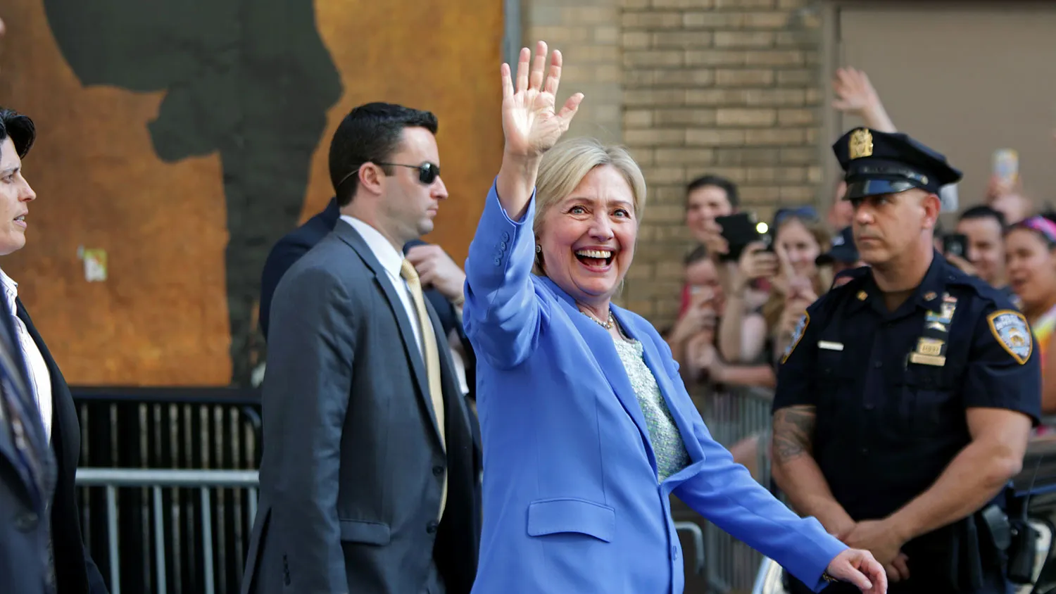 Democratic presidential candidate Hillary Clinton waves on July 12, 2016, in New York City.
