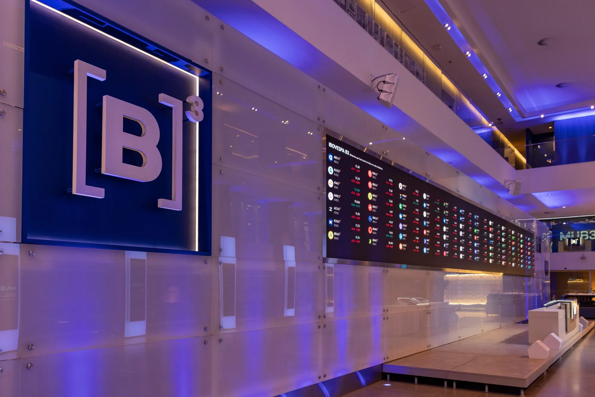 Stock market data at the Brasil Bolsa Balcao stock exchange in the financial district of Sao Paulo.