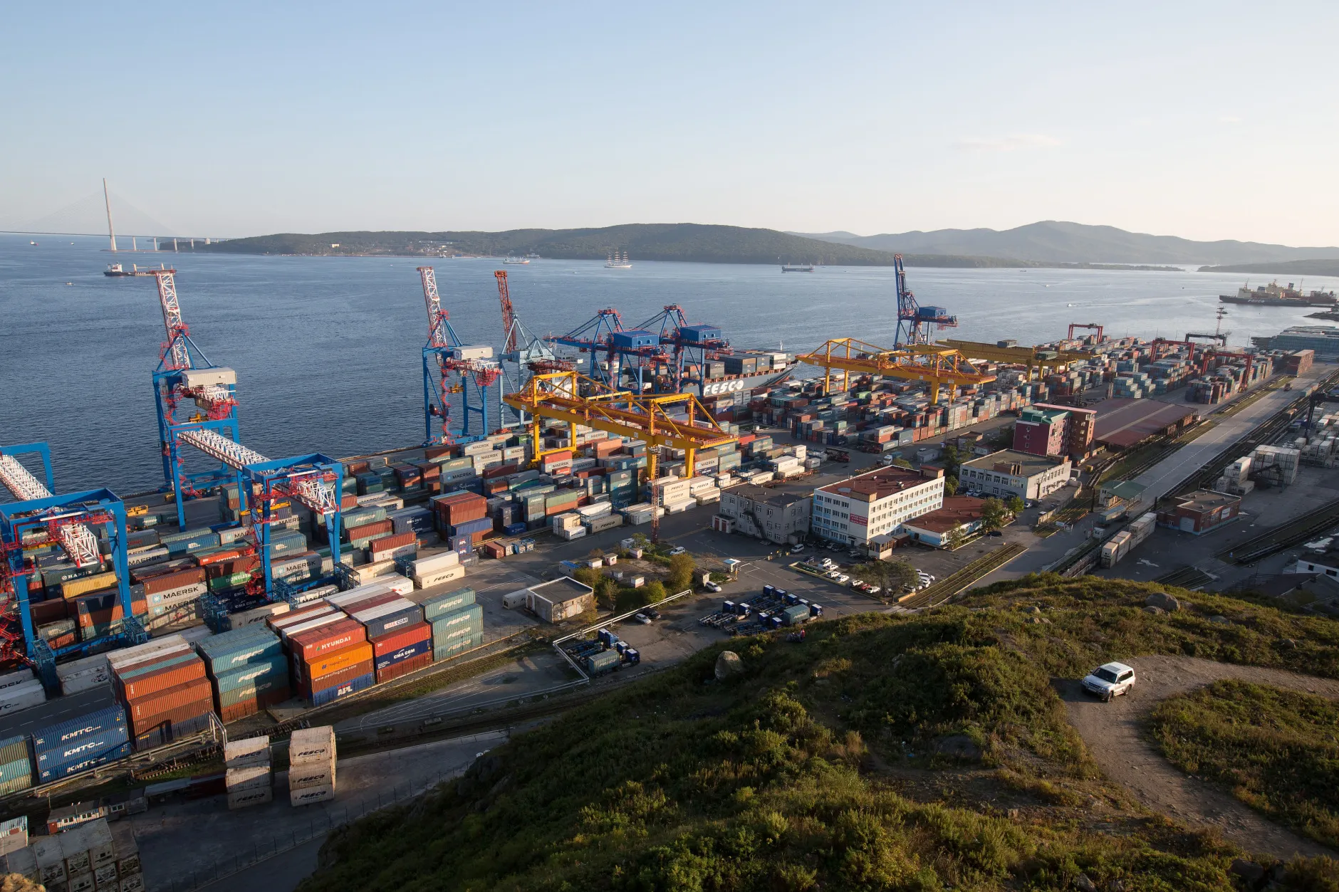 Shipping containers at the Commercial Port of Vladivostok in Russia.