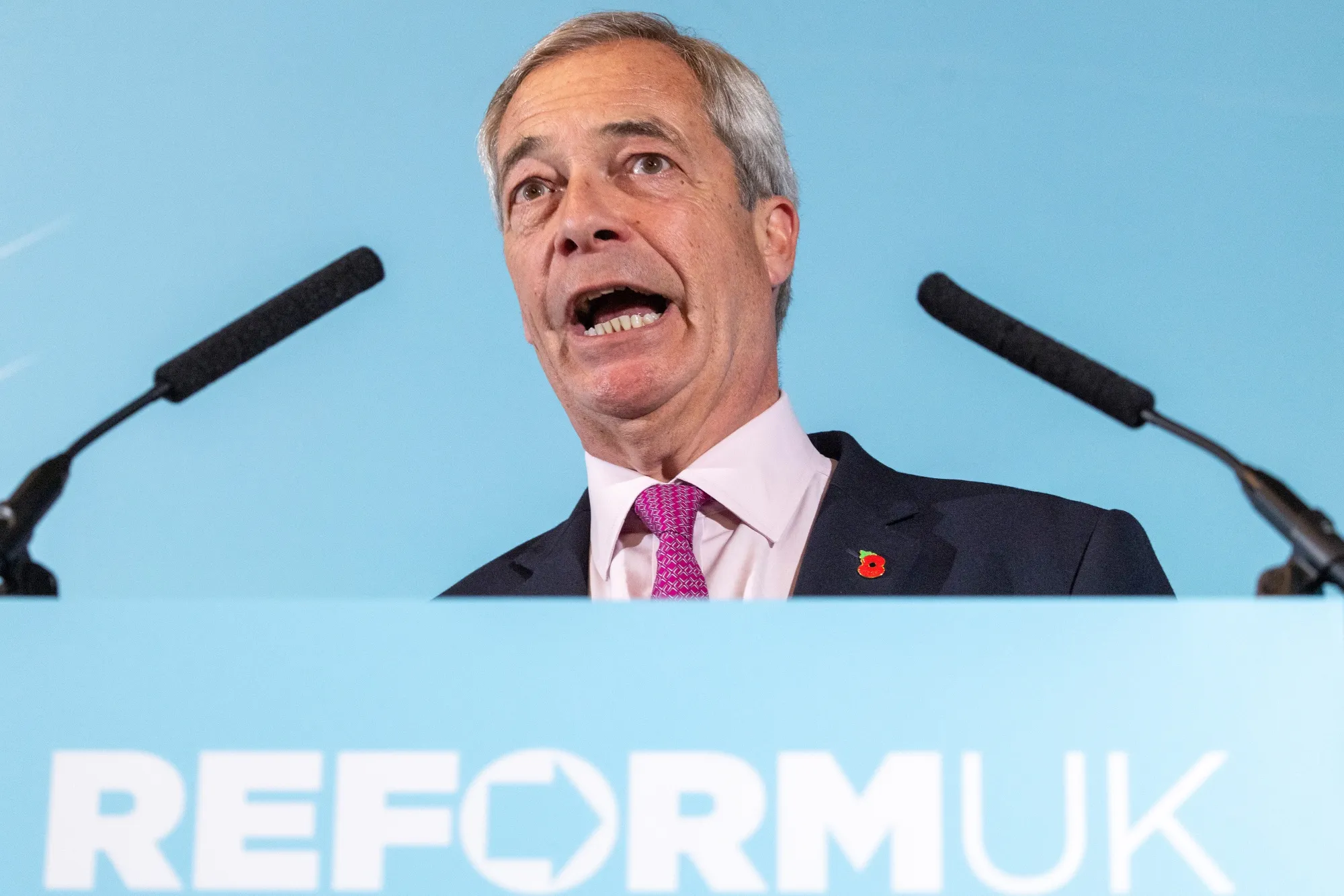 Nigel Farage, leader of Reform UK, speaks at a news conference in London on Oct. 27.&nbsp;