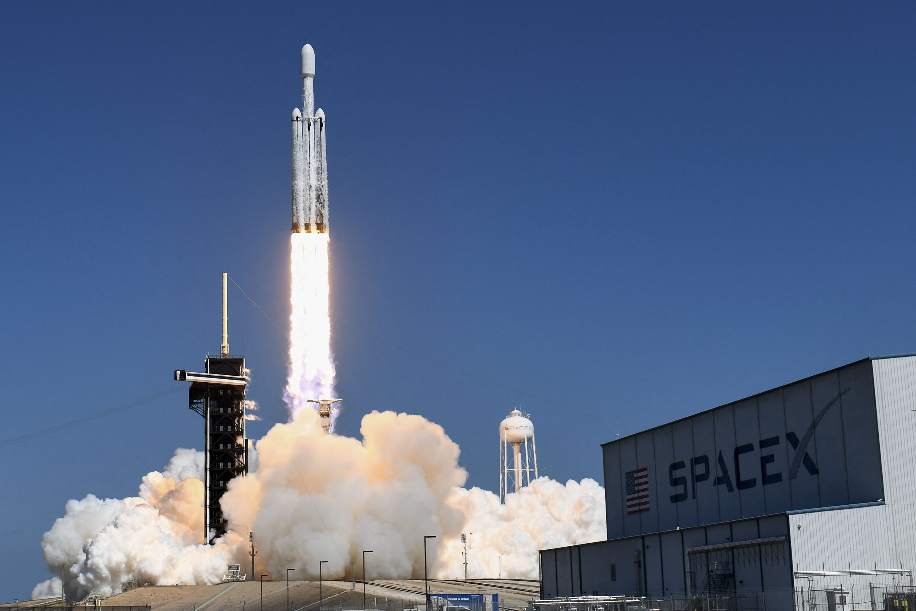 A SpaceX Falcon Heavy rocket at NASA's Kennedy Space Center in Cape Canaveral, Florida.