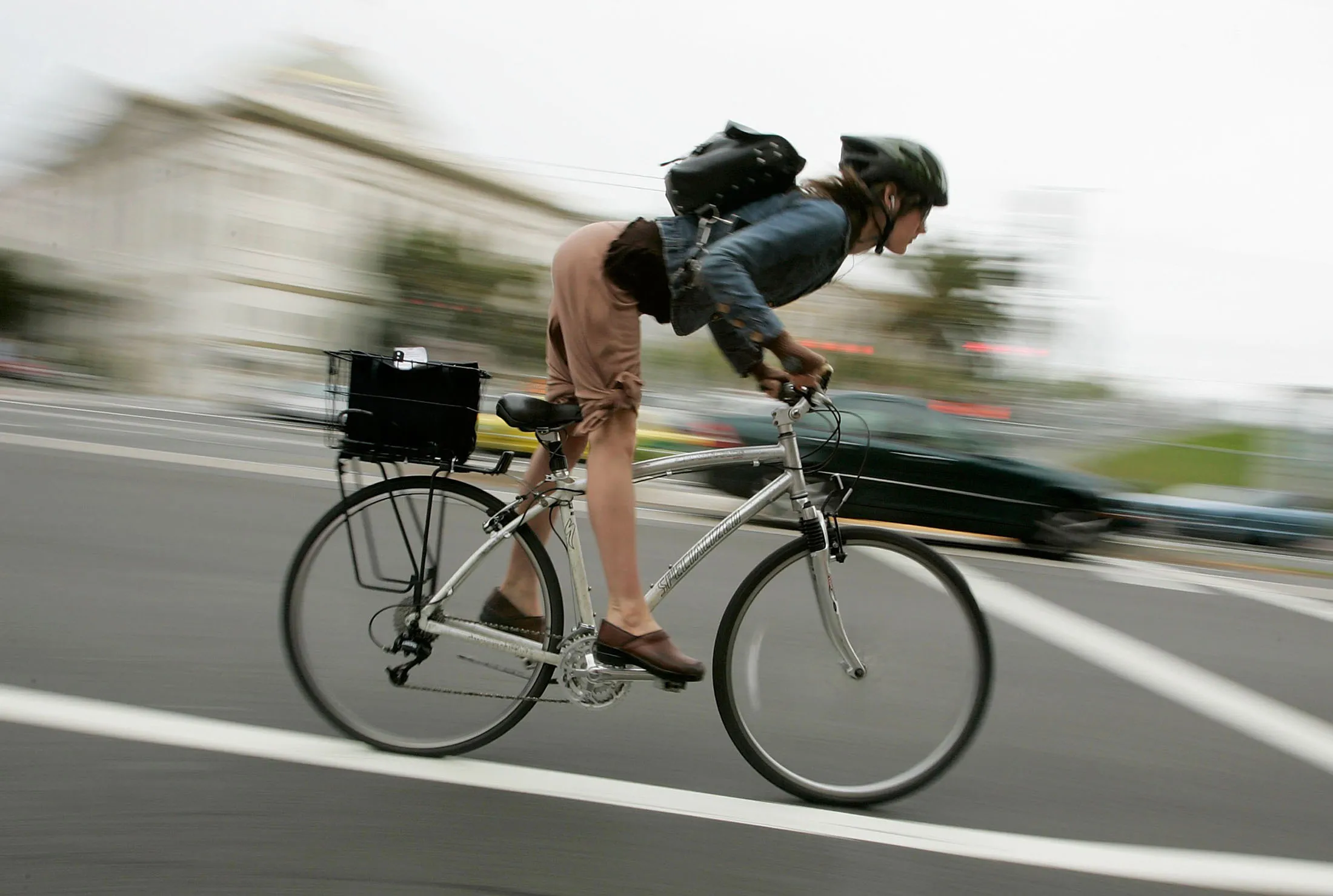 A cyclist commutes along Market Street in San Francisco, California.&nbsp;