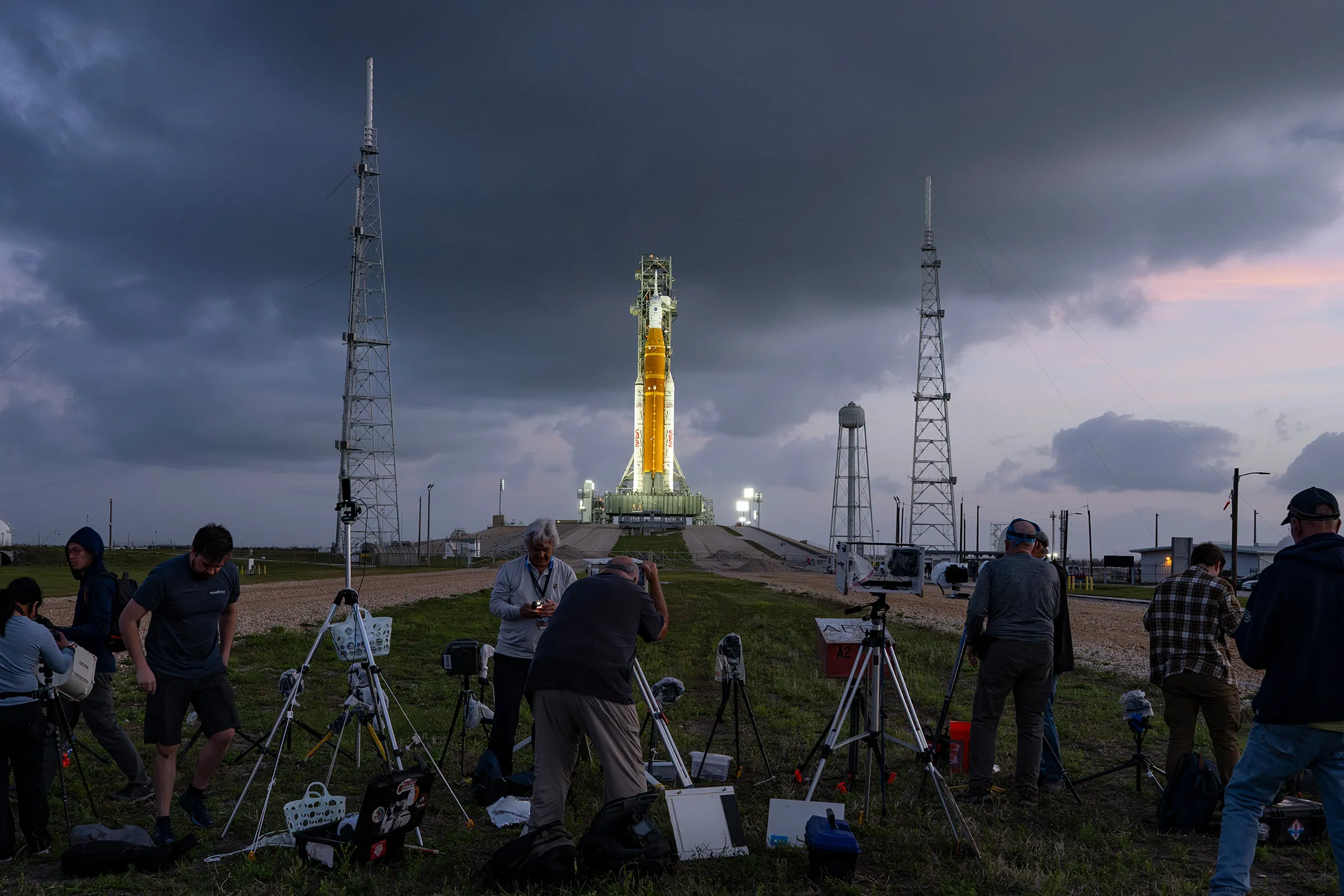 NASA’s Artemis II Space Launch System rocket and Orion spacecraft rest on Launch Pad 39B at Kennedy Space Center in Florida on Tuesday.
