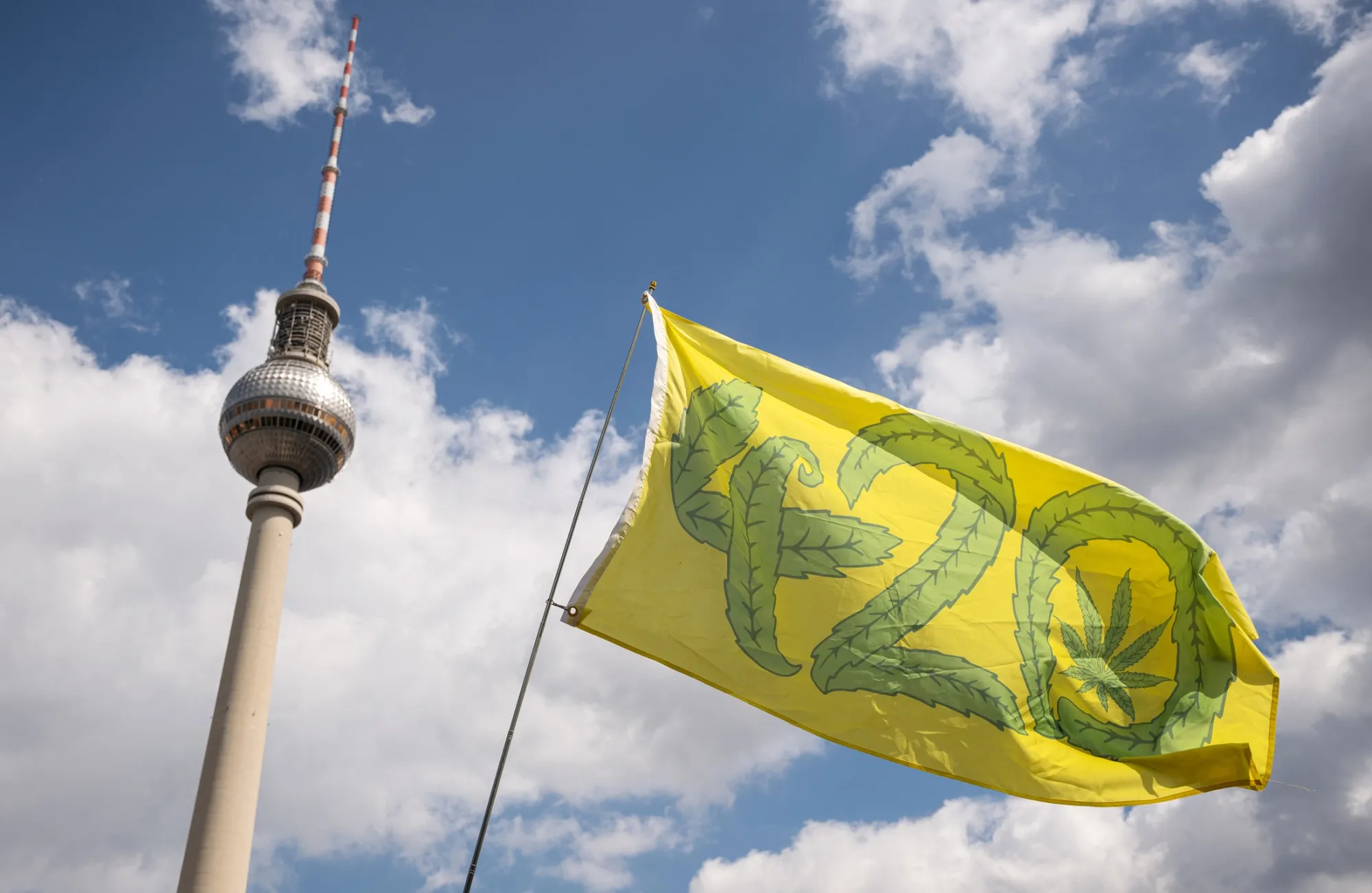 A flag flies during the annual Hemp Parade in Berlin, on Aug. 10.