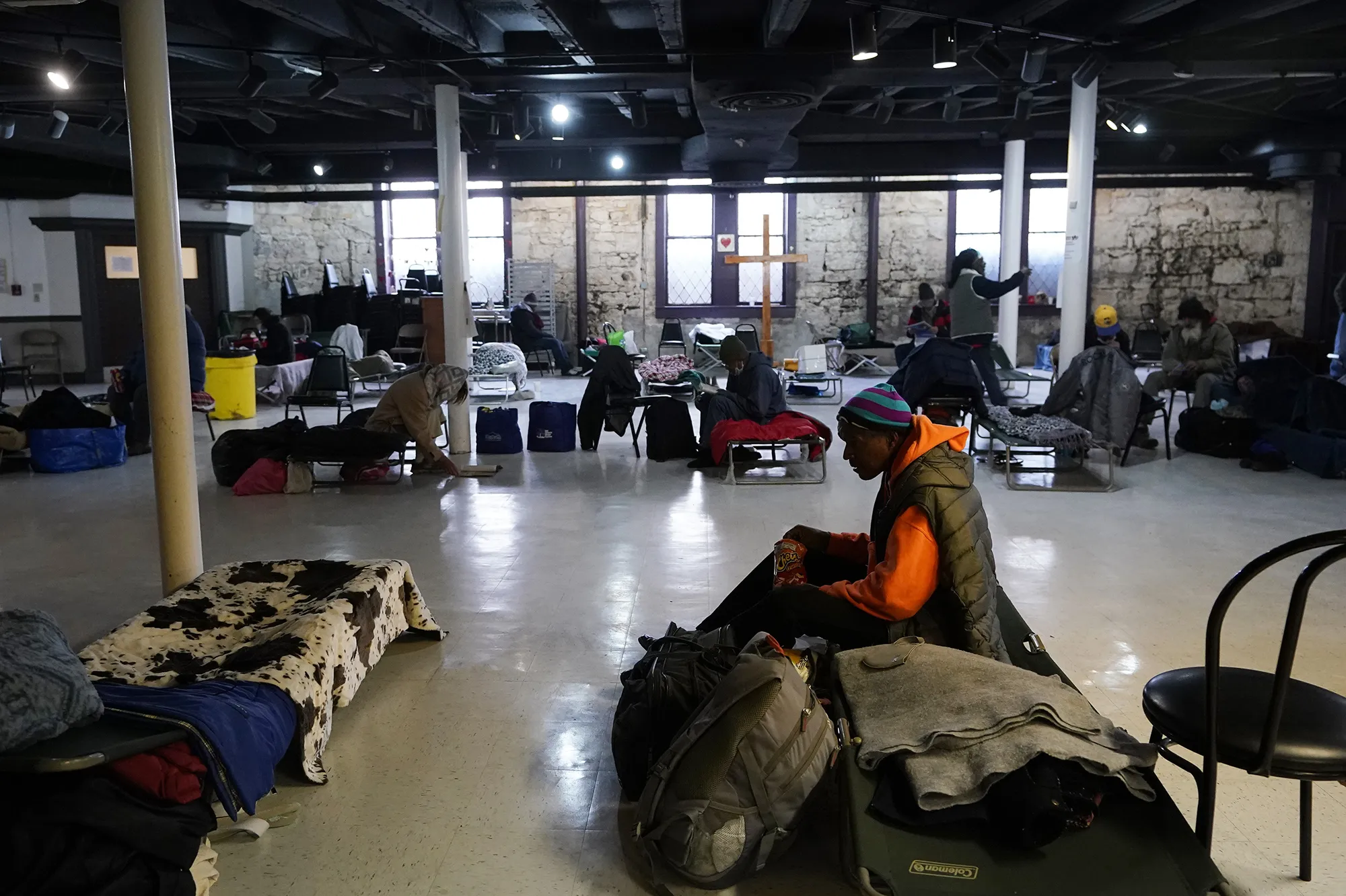 People&nbsp;at a make-shift warming shelter at Travis Park Methodist Church,&nbsp;in San Antonio on Feb. 16.