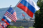 National flags of the U.S. and Russia at the waterfront near Villa La Grange ahead of the U.S. Russia summit in Geneva, Switzerland, on Tuesday, June 15, 2021.