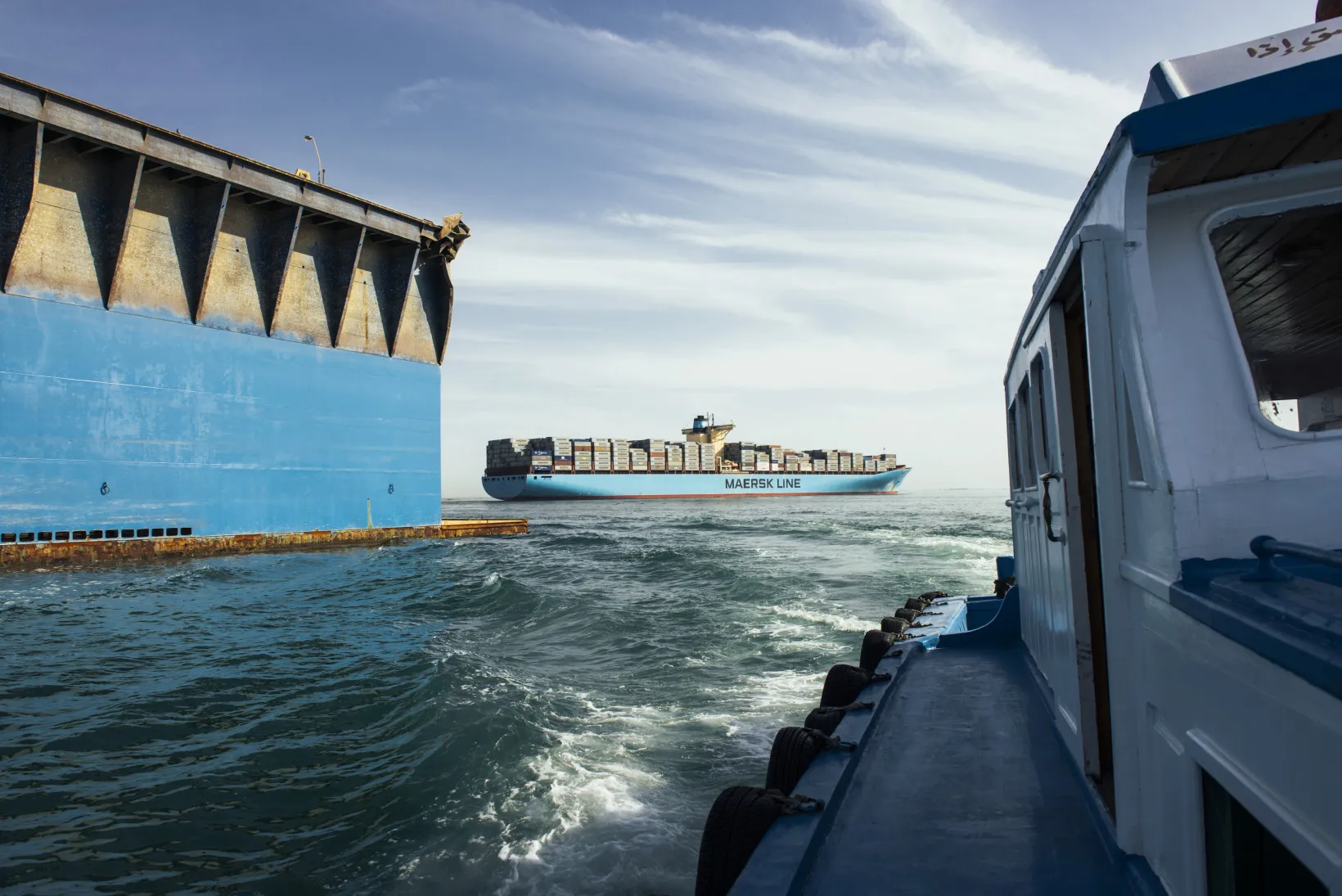 A pilot vessel heads to shore after leaving a container ship&nbsp;as it navigates through the Red Sea&nbsp;in Suez, Egypt.