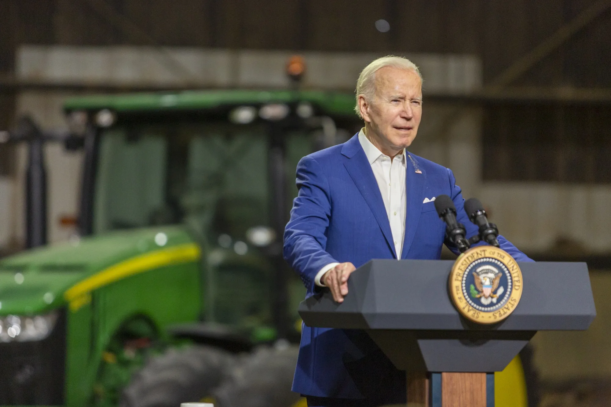 Joe Biden speaks at a Bioprocessing facility in Menlo, Iowa.