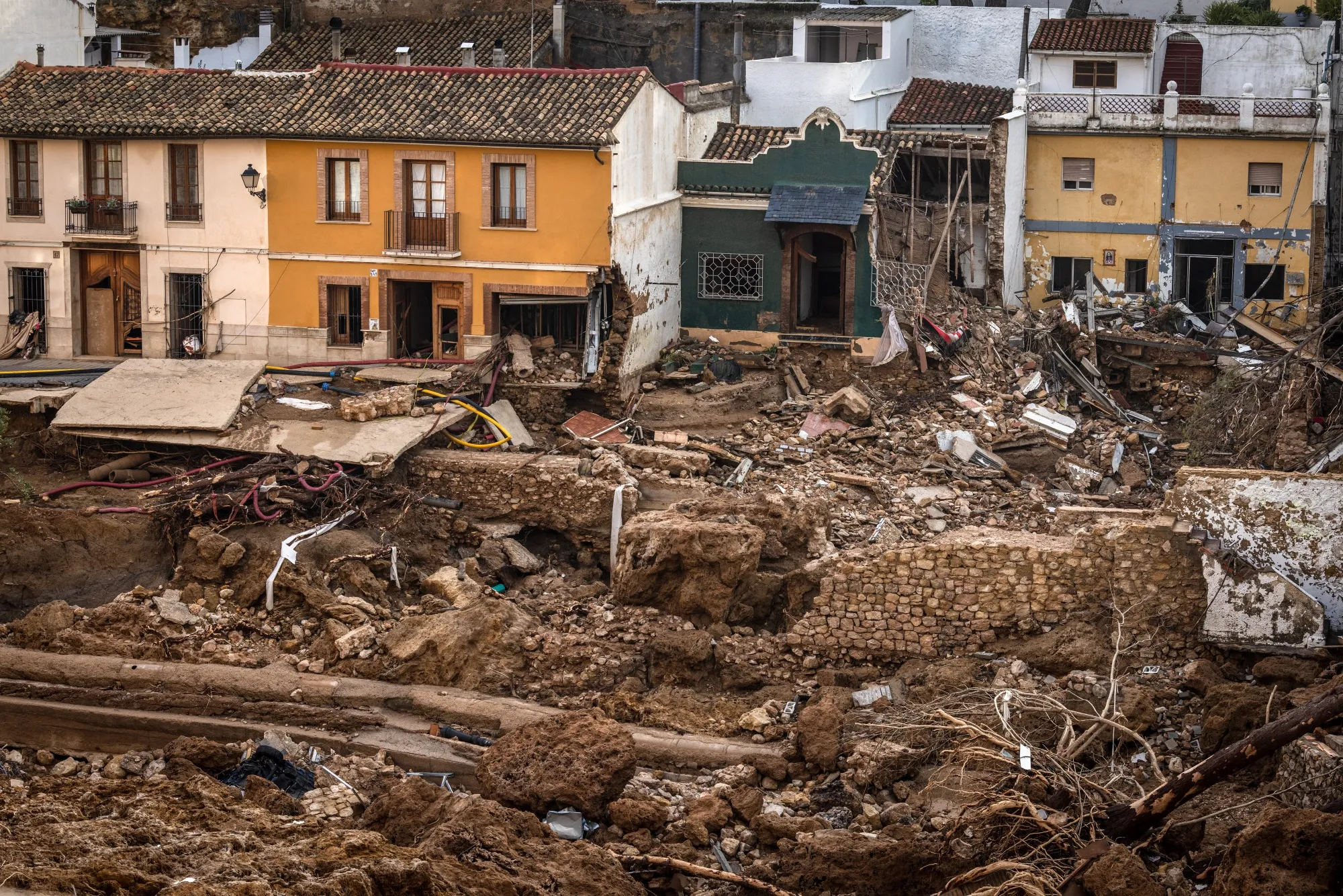 Residential homes and buildings destroyed by flash floods in Chiva, Spain.