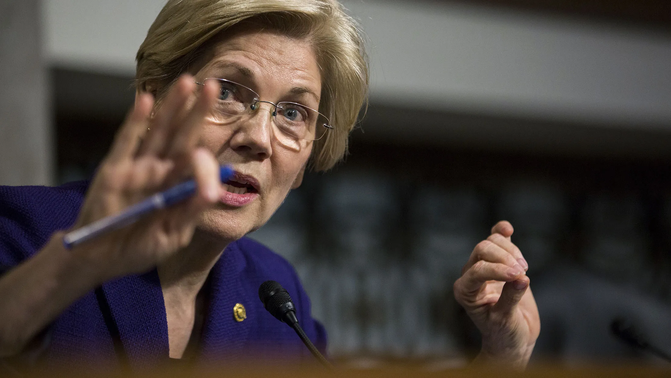 Senator Elizabeth Warren, a Democrat from Massachusetts, speaks during a Senate Committee on Armed Services hearing in Washington on March 14, 2017.
