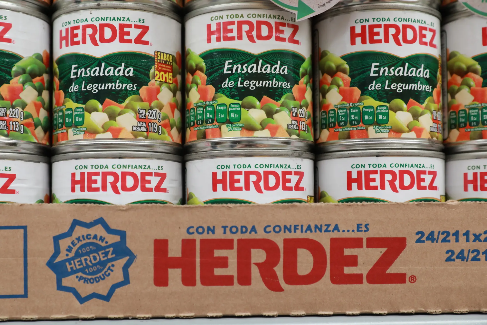 Cans of Grupo Herdez brand mixed vegetables at a store in Mexico City.