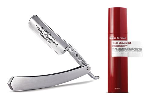 From left: The Art of Shaving stainless steel straight razor; Recipe for Men Clear Shaving Gel
