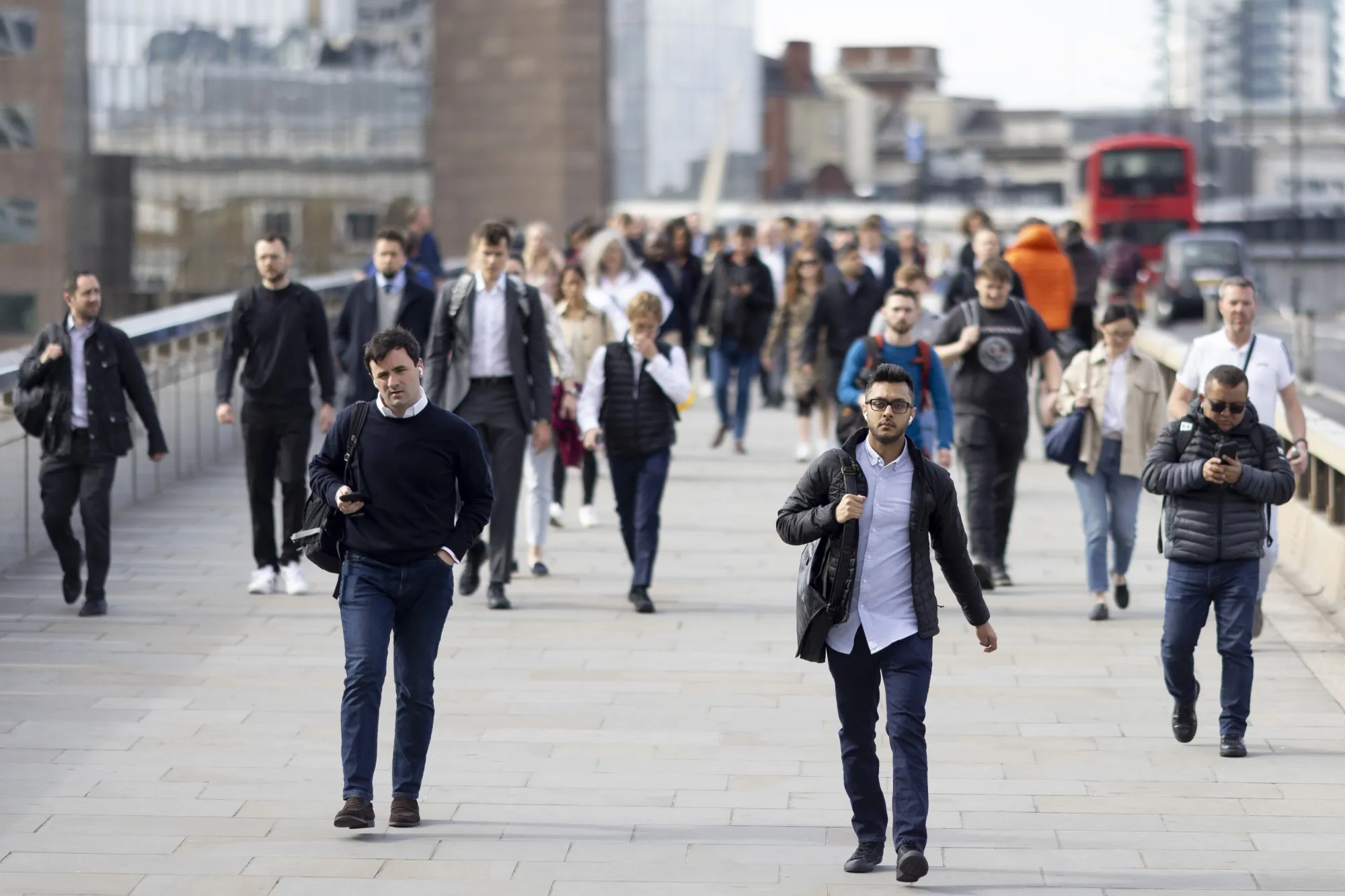 Morning commuters on London Bridge in City of London, UK, on May 16.