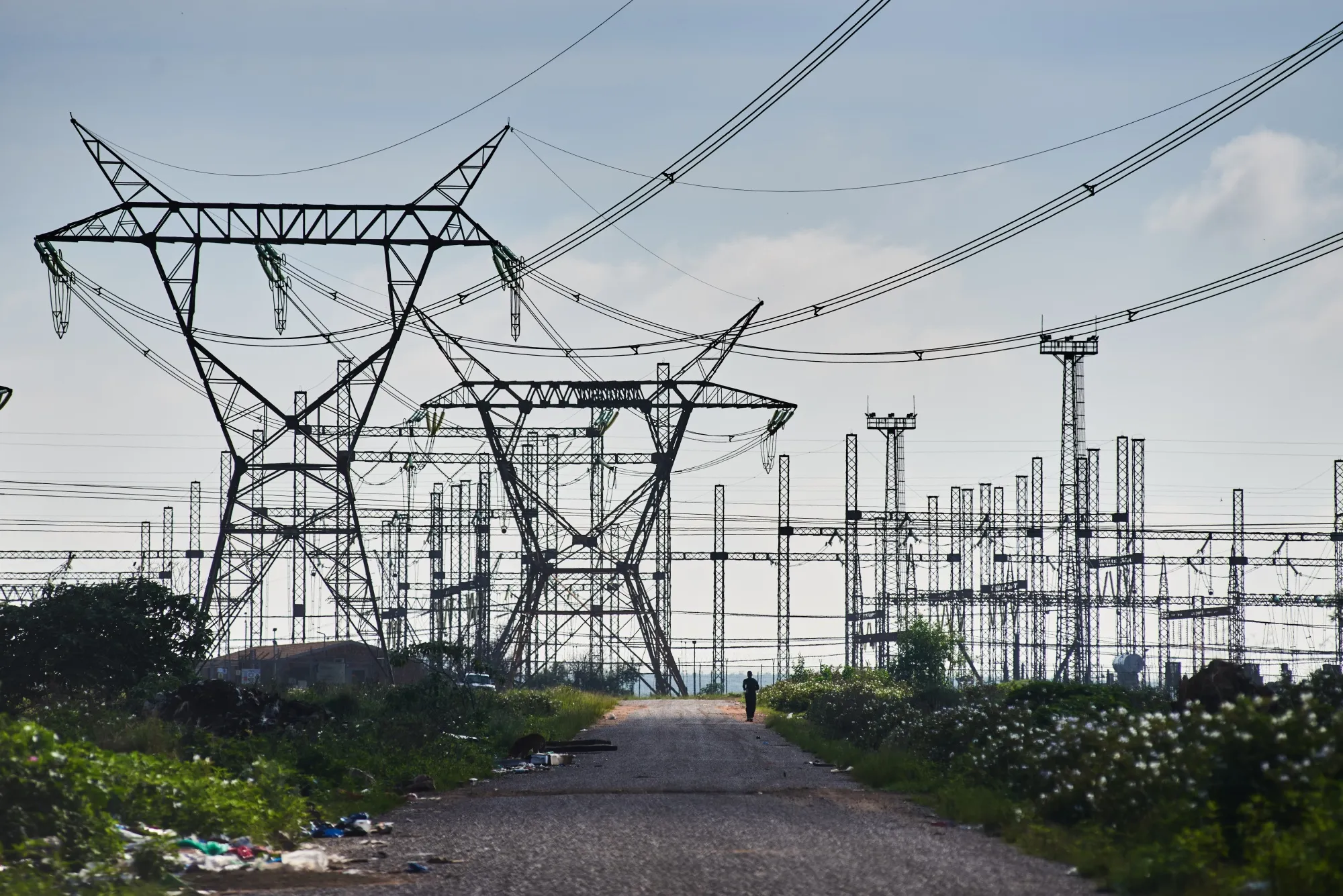 Electrical transmission towers and power lines in the Kwa-Guqa township near Emalahleni, in Mpumalanga, South Africa.