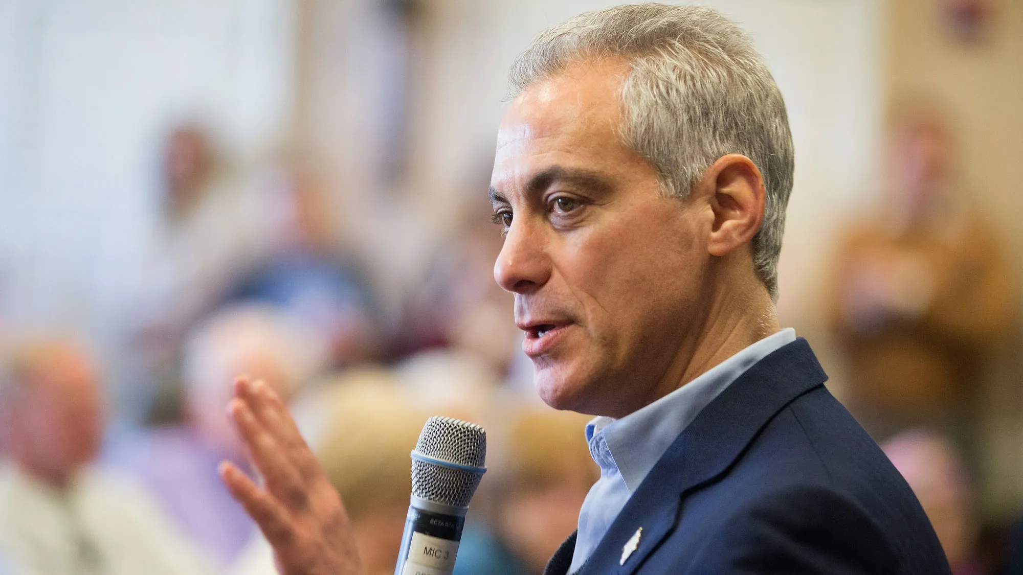 Chicago Mayor Rahm Emanuel talks with residents at a senior living center during a campaign stop on February 23, 2015 in Chicago, Illinois.
