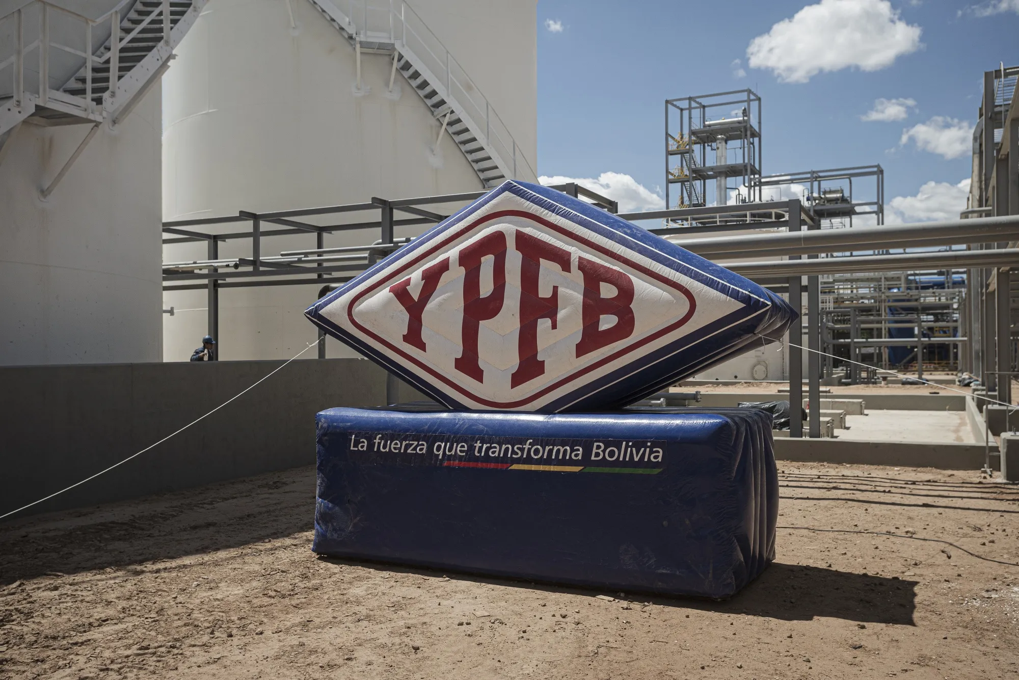 An inflatable sign at a newly constructed YPFB biodiesel plant near Santa Cruz de la Sierra, Bolivia, in March 2024. 