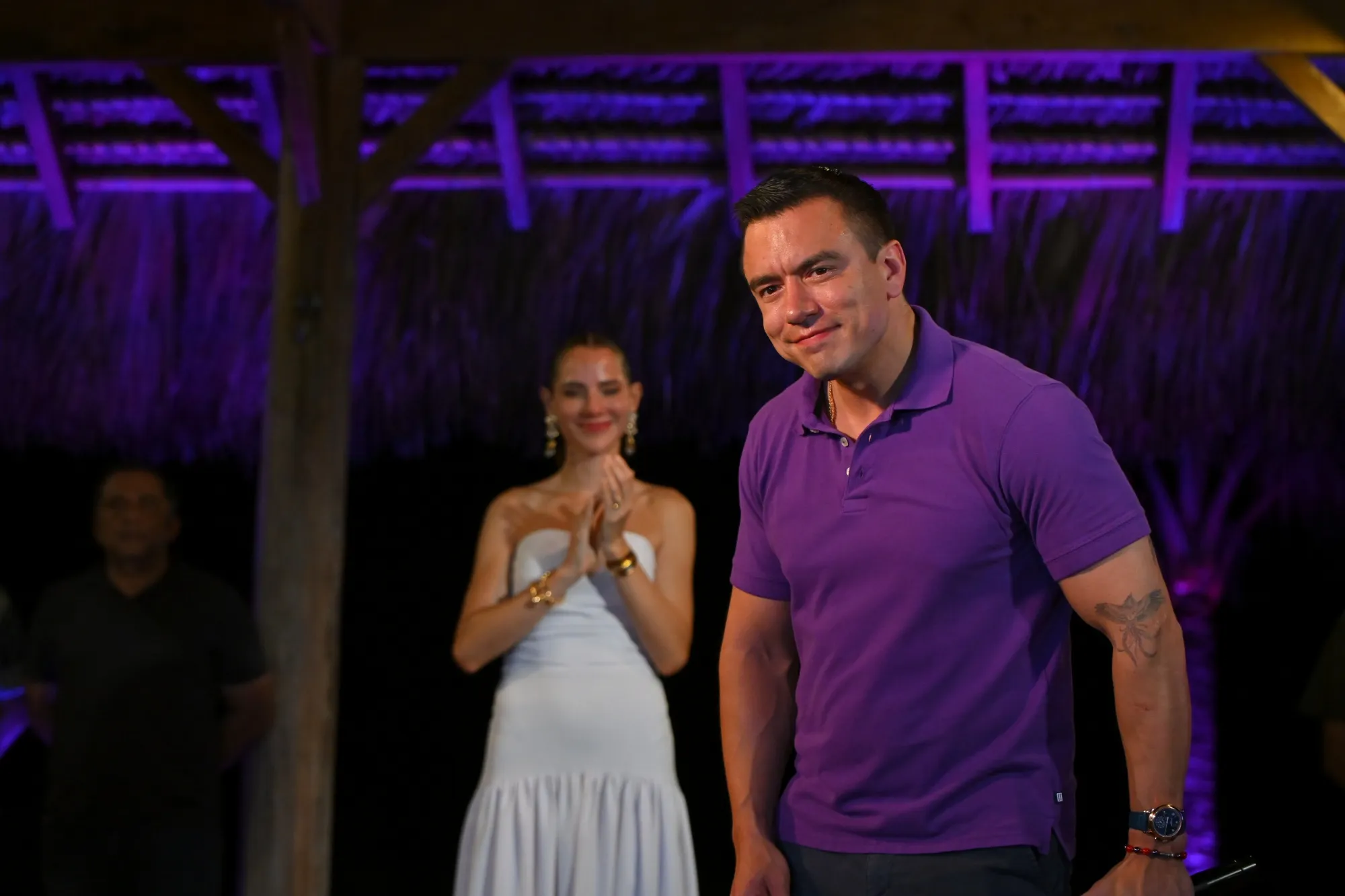 Daniel Noboa speaks during an election-night rally in Olón, Ecuador, on April 13.