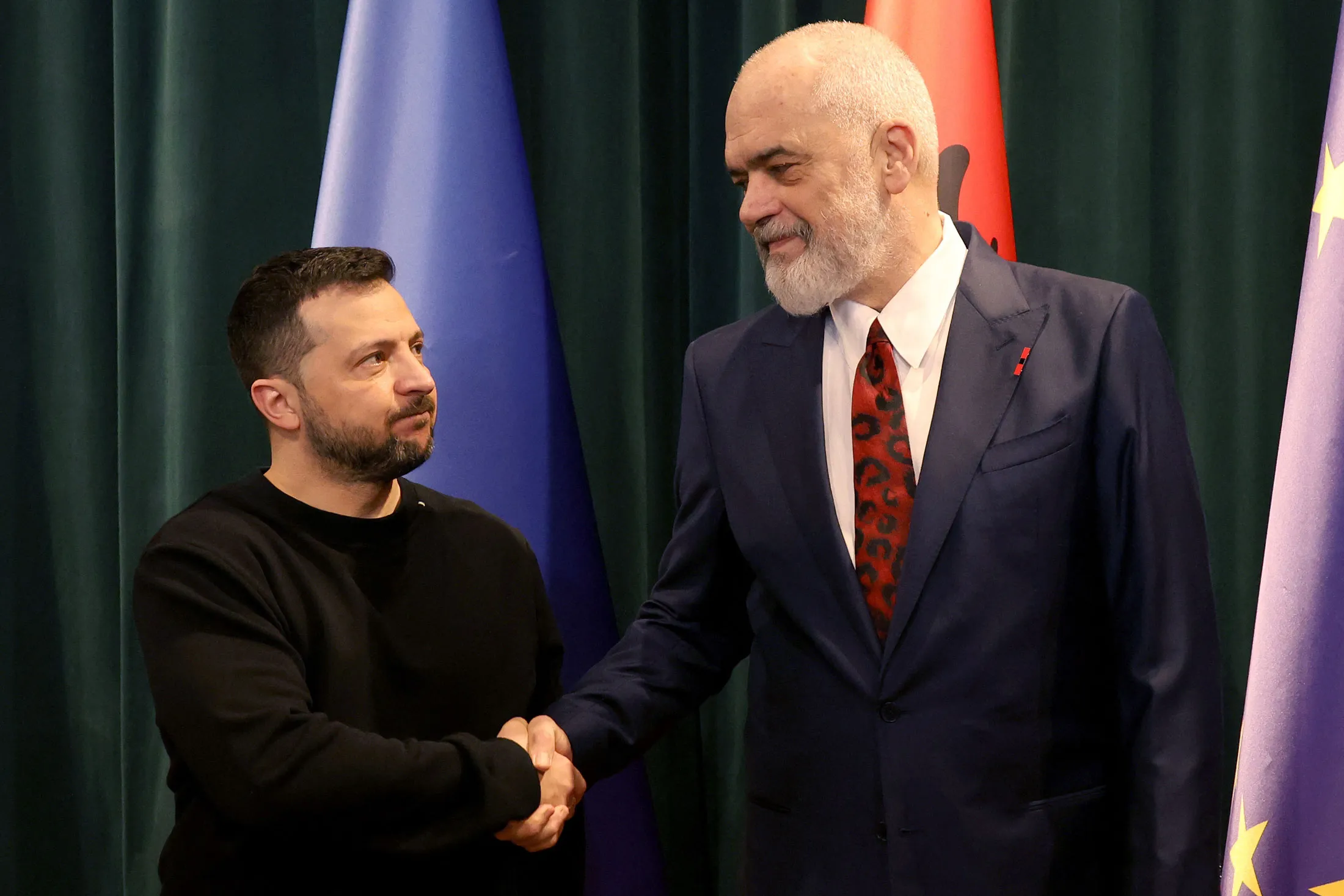 Volodymyr Zelenskiy, left, and Edi Rama in Tirana on Feb. 28.