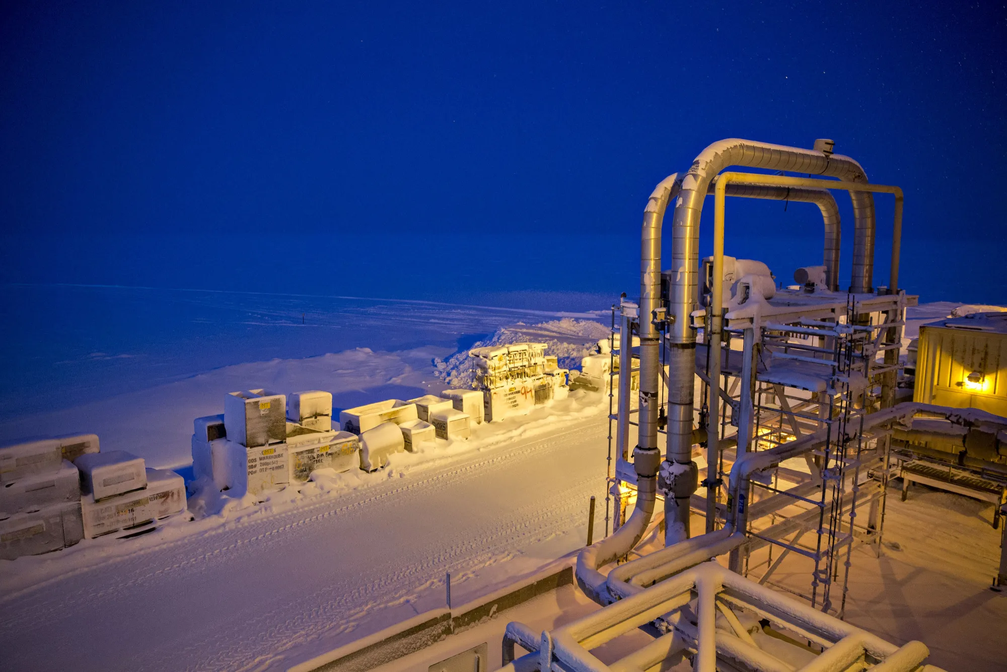 Snow covers the frozen Beaufort Sea in Harrison Bay, Alaska.