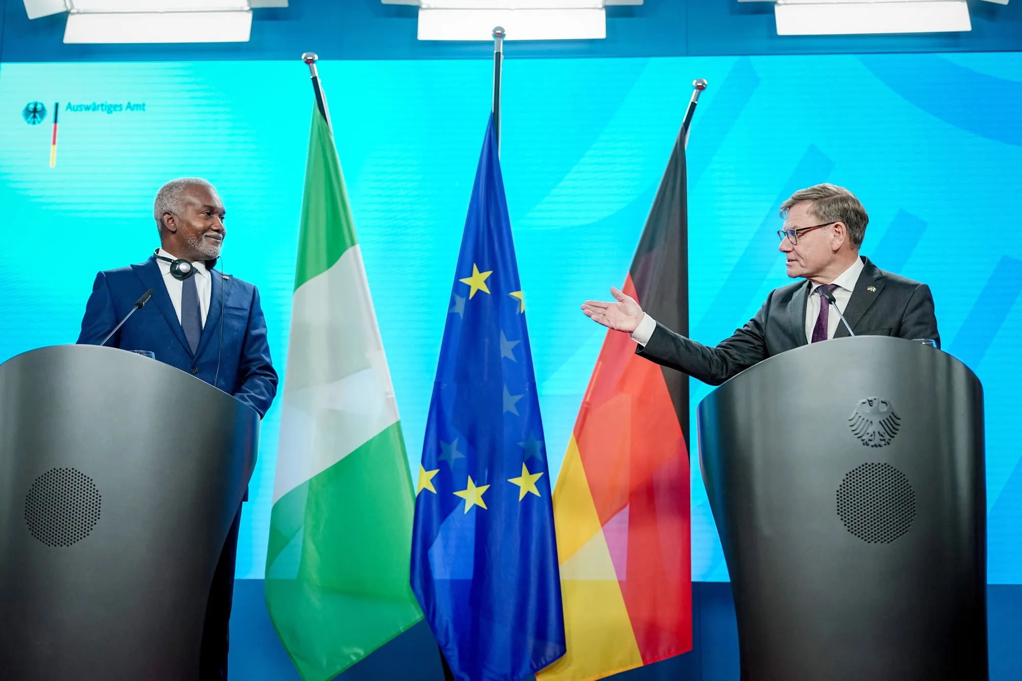 German Foreign Minister Johann Wadephul and his Nigerian counterpart, Yusuf Tuggar, in Berlin, on Nov. 4.