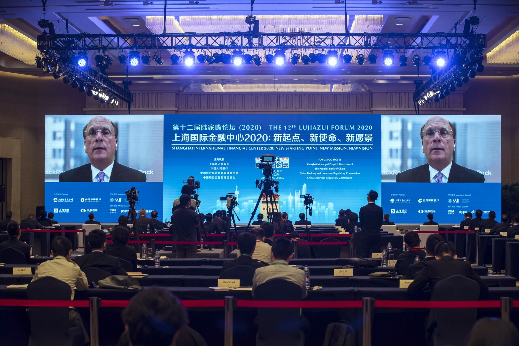 Larry Fink speaks via video link at the Lujiazui Forum in Shanghai on June 18.