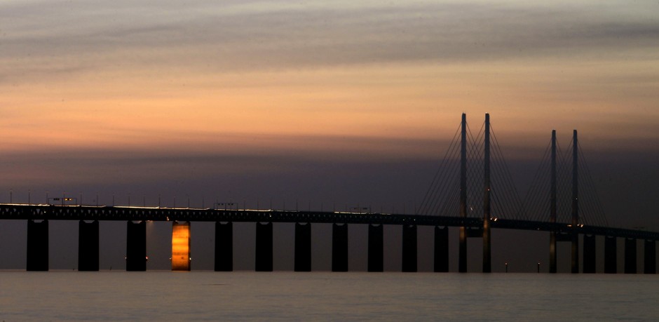 Sunset on the Oresund Bridge connecting Copenhagen and Malmö.