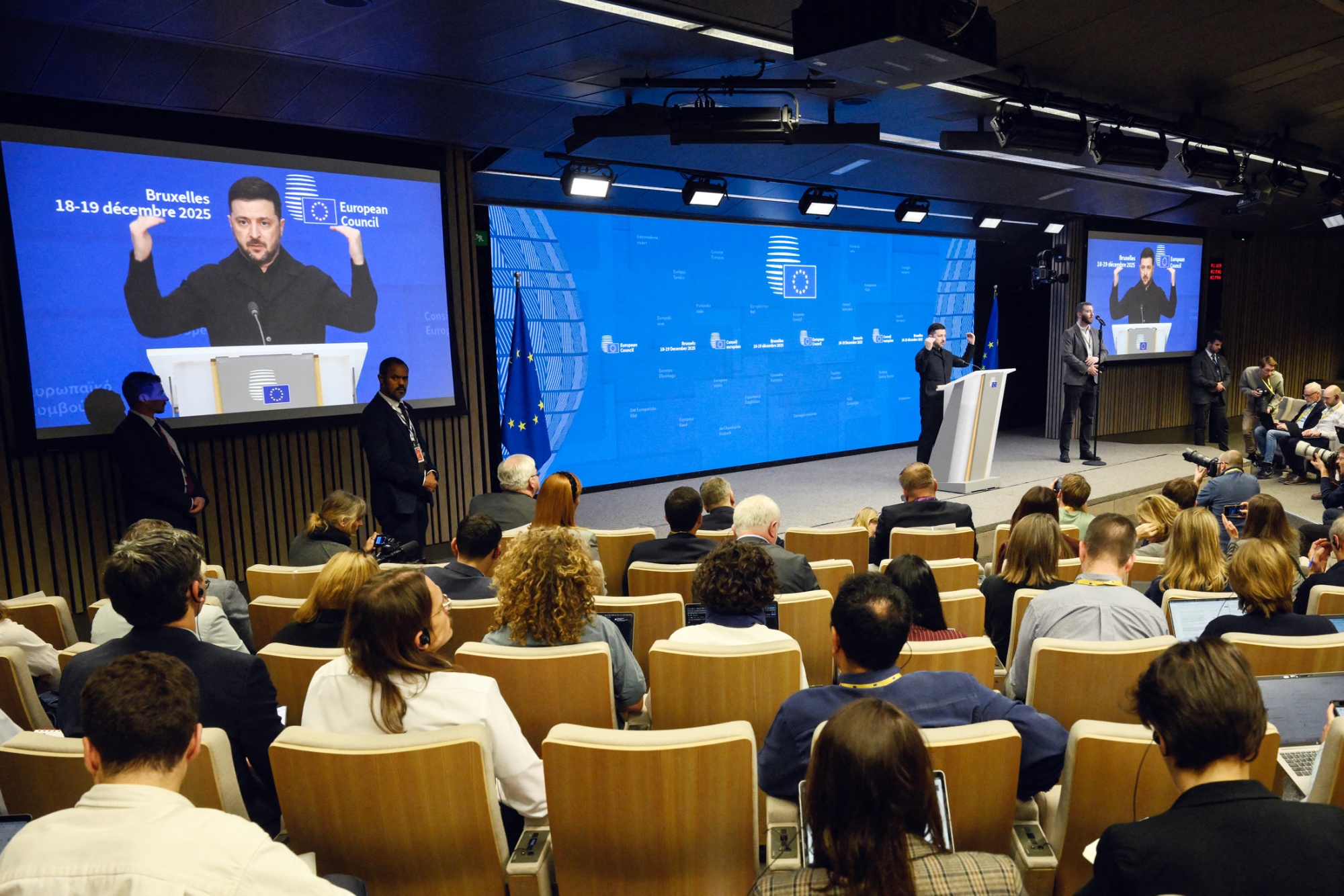 Volodymyr Zelenskiy during a news conference in Brussels, on Dec. 18. Photographer: John Thys/AFP/Getty Images
