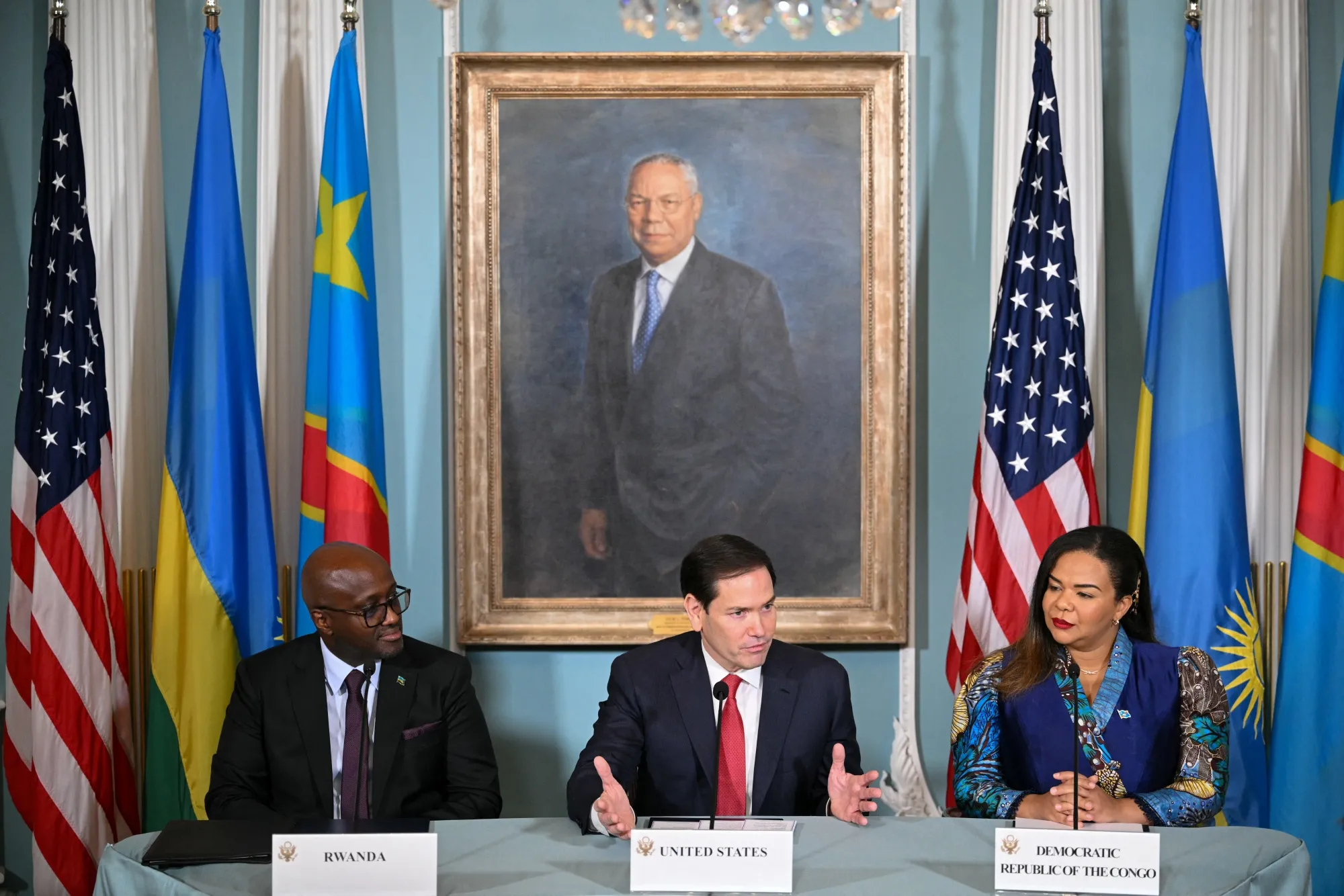 Rwanda’s Nduhungirehe, from left, Rubio and Democratic Republic of the Congo’s Kayikwamba during a  signing ceremony at the State Department