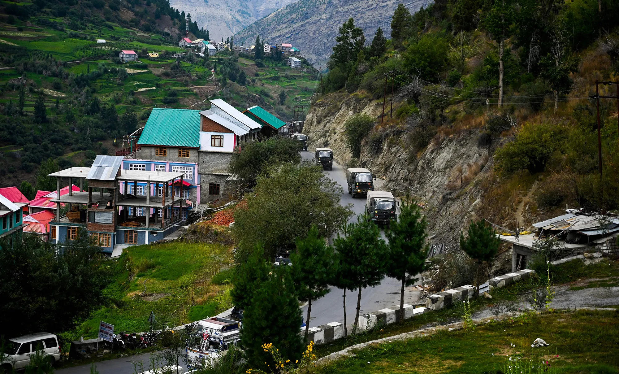 An Indian Army convoy makes its way along a highway in Kyelang, some 75 miles&nbsp;from the India China&nbsp;border on Sept. 2.&nbsp;