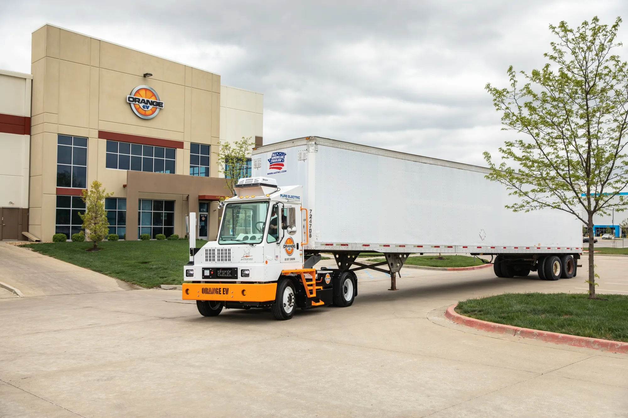 A yard truck moves a trailer at Orange EV’s headquarters in Missouri.