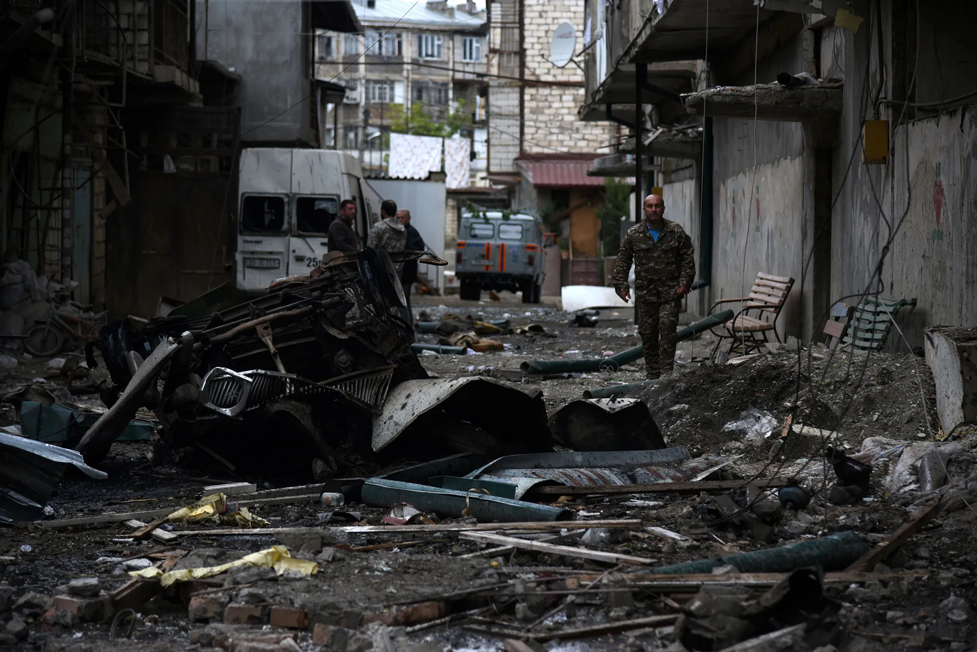 Damage from recent shelling during the ongoing fighting between Armenia and Azerbaijan in the disputed region’s city of Stepanakert on Oct. 4.
