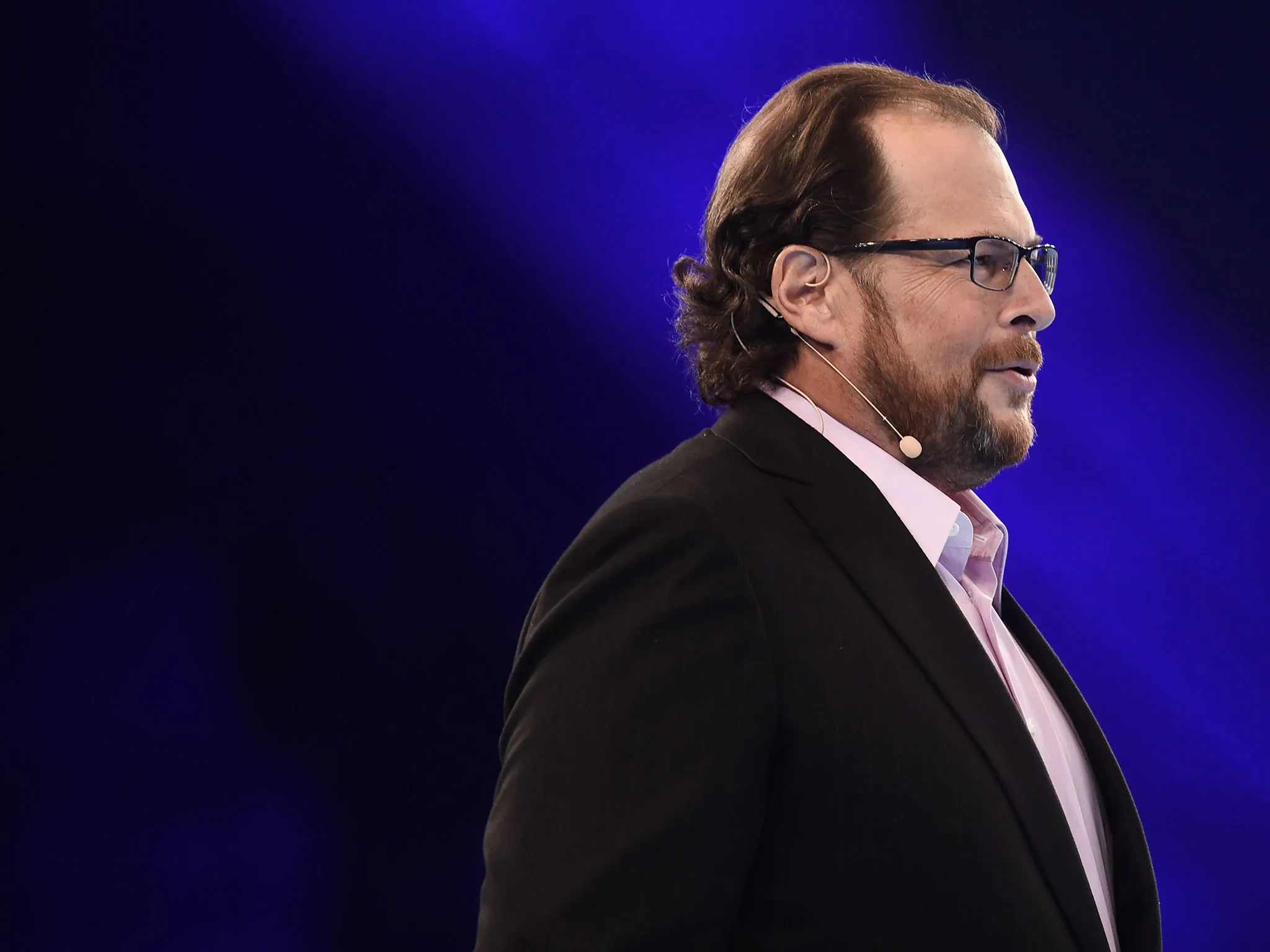 Marc Benioff, chairman and CEO of Salesforce.com Inc., delivers a keynote address during the DreamForce Conference in San Francisco, on Oct. 14, 2014.
