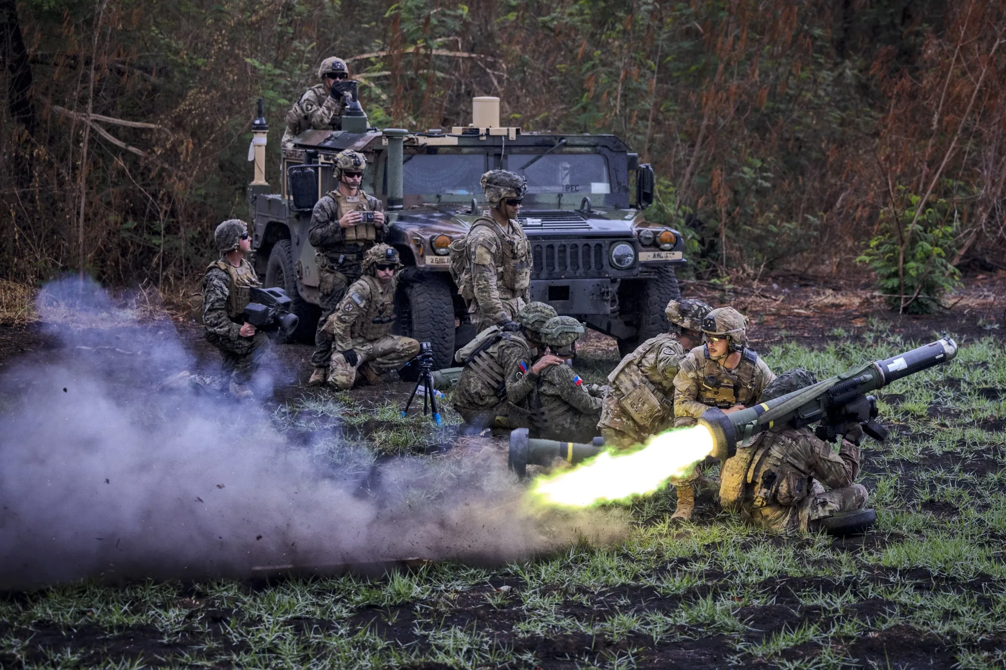 US and Philippine troops fire a Javelin anti-tank weapon system during a joint military exercises in Nueva Ecija, Philippines on April 13.