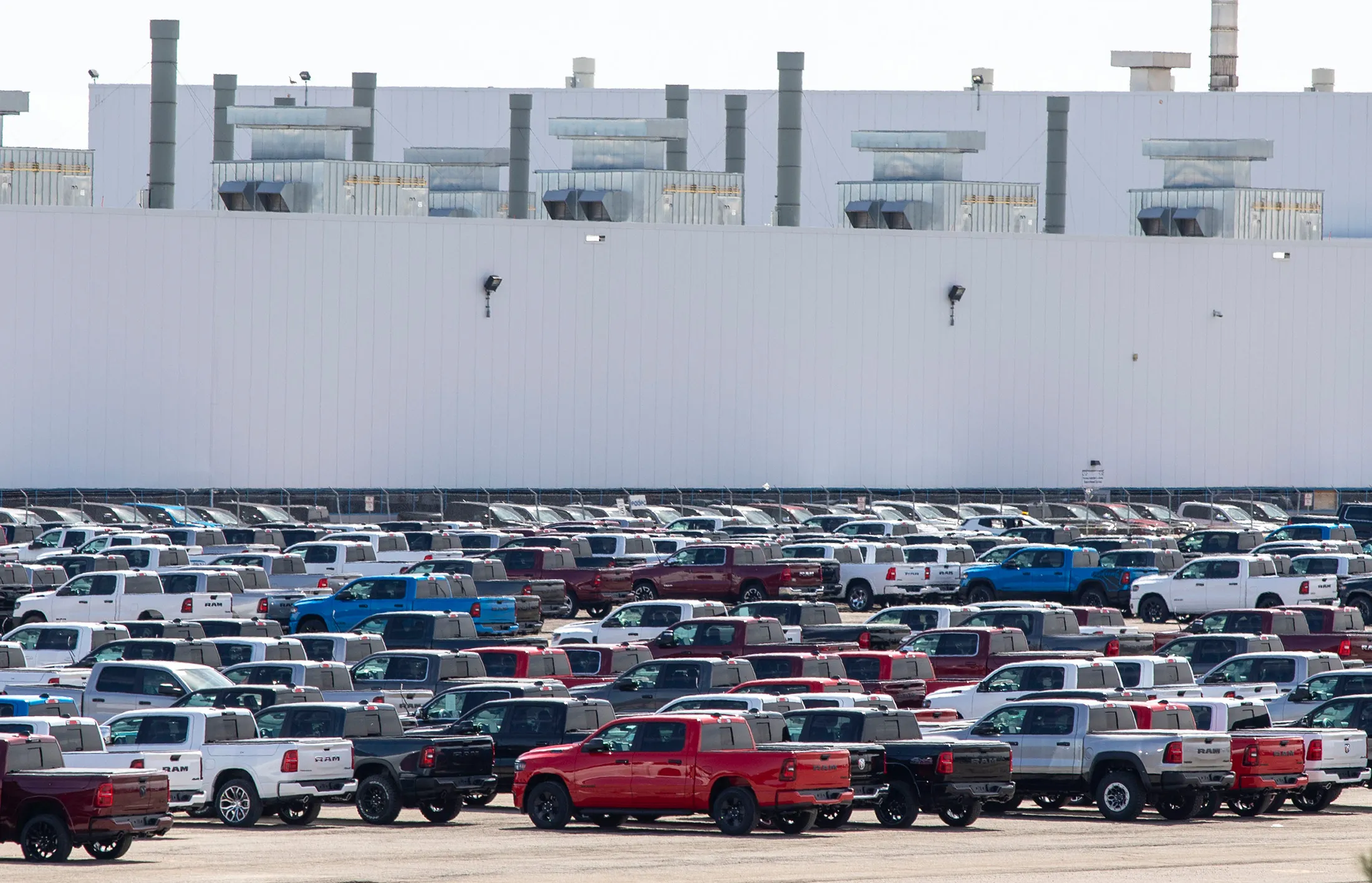 Vehicles&nbsp;at the Stellantis Sterling Heights Assembly Plant&nbsp;in Sterling Heights, Michigan, in April.