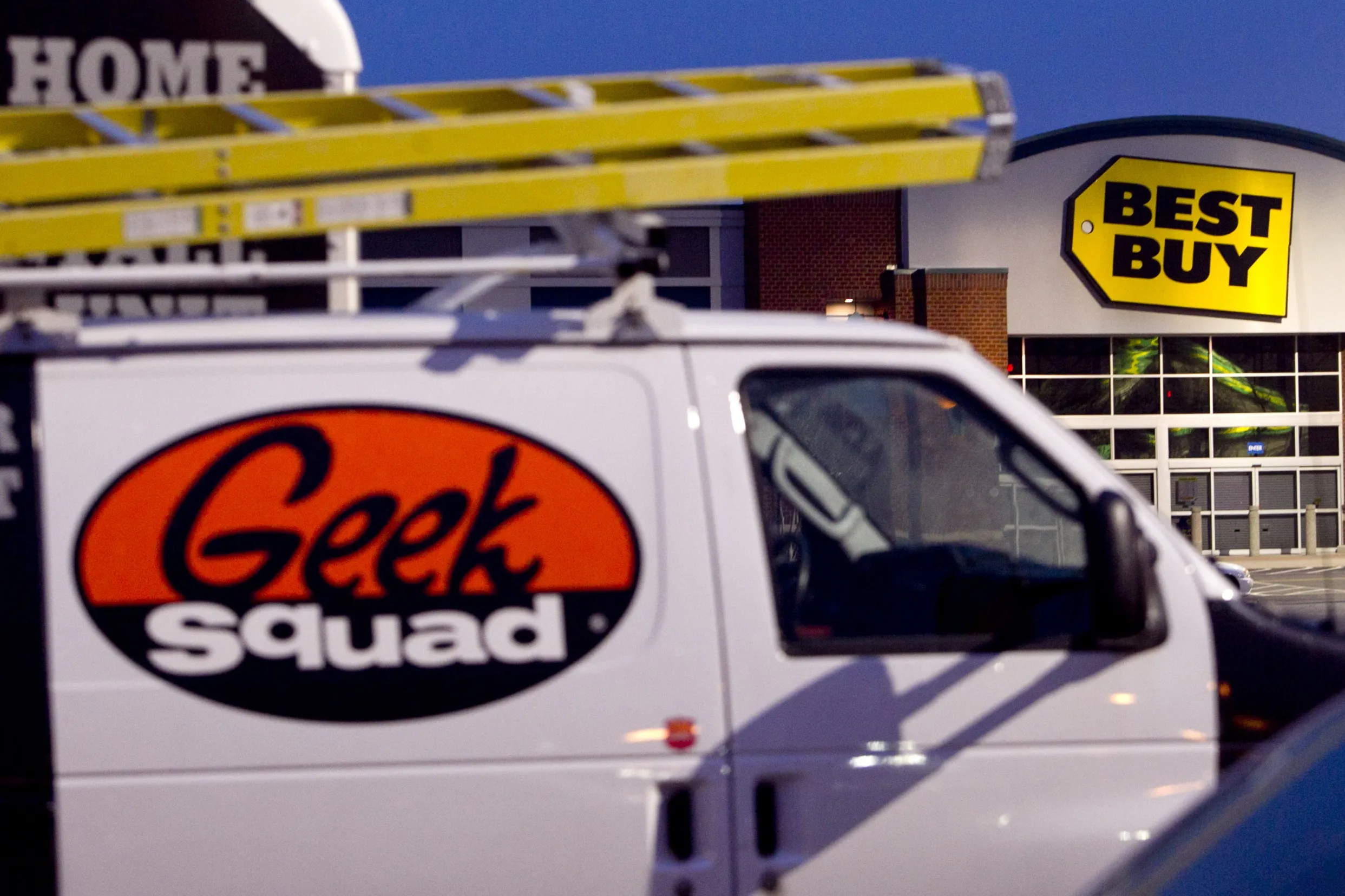 A Best Buy Geek Squad van outside a store in Alexandria, Virginia.