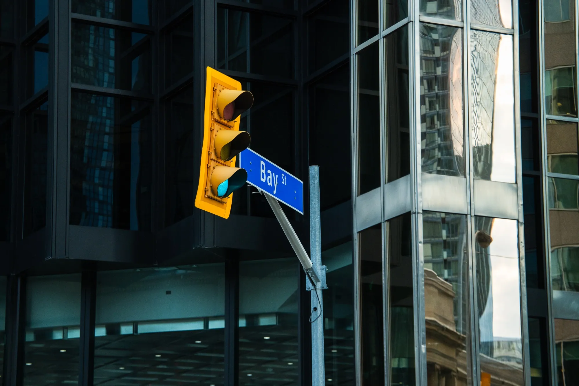 A Bay Street sign in the financial district of Toronto, Ontario, Canada.