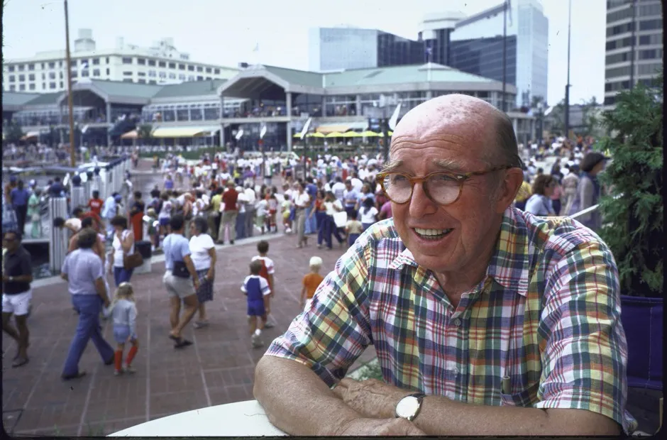 Developer James Rouse visiting Harborplace in Baltimore's Inner Harbor. The city's signature attraction opened in 1980, but its fortunes have lately dimmed.