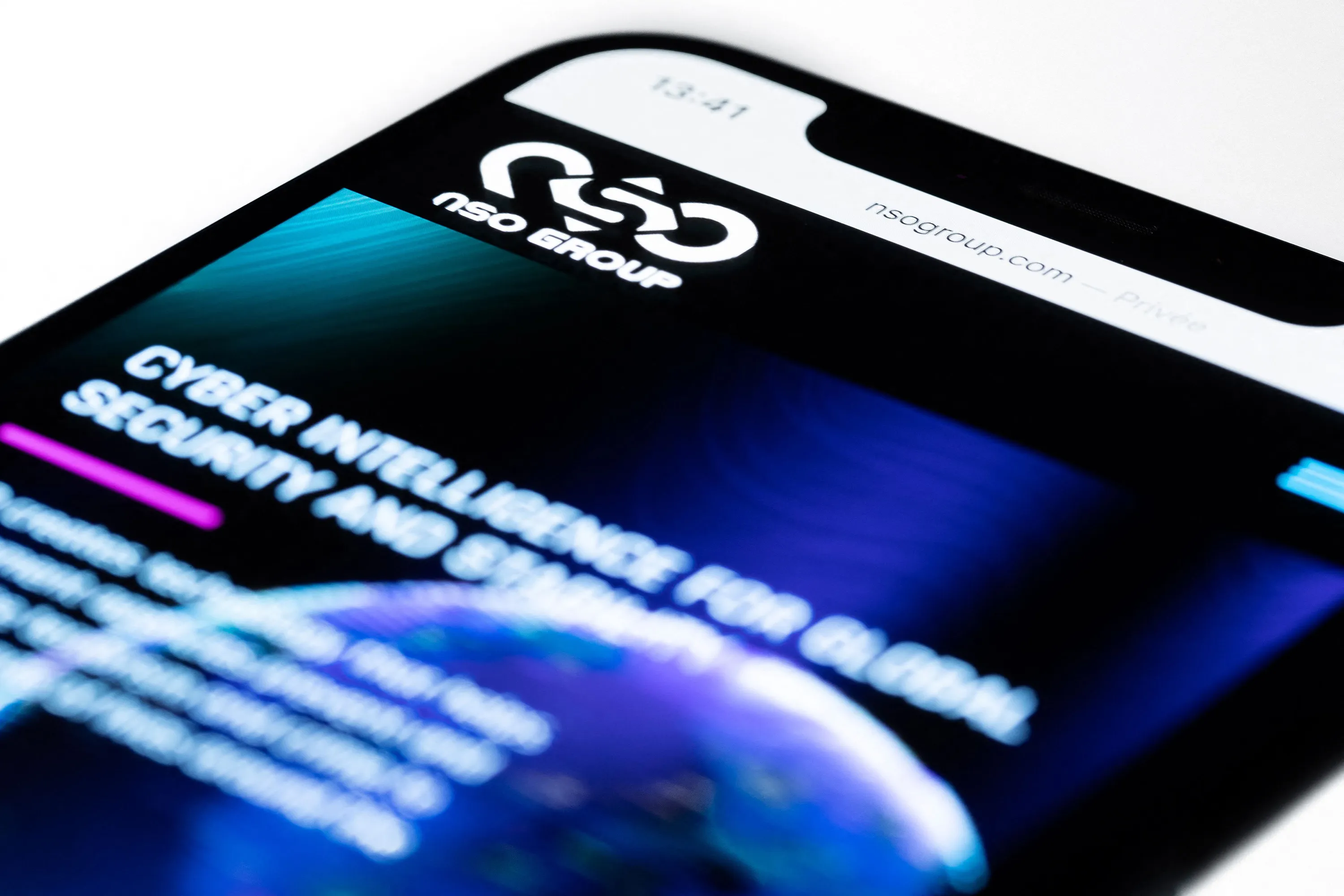 The Israel's NSO Group website which features 'Pegasus' spyware on a smartphone. Israel said it found no evidence that police illicitly targeted civilians with spyware developed by&nbsp;NSO Group.