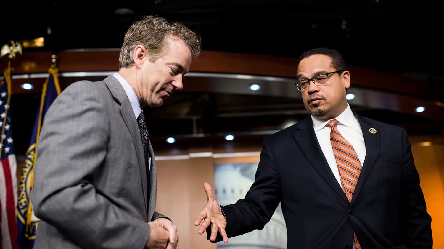 Sen. Rand Paul, R-Ky., shakes hands with Rep. Keith Ellison, D-Minn., after the news conference to unveil the Fifth Amendment Integrity Restoration Act (FAIR Act), legislation to 'protect the rights of property owners and restore the Fifth Amendment's role in civil forfeiture proceedings' on Tuesday, Jan. 27, 2015.
