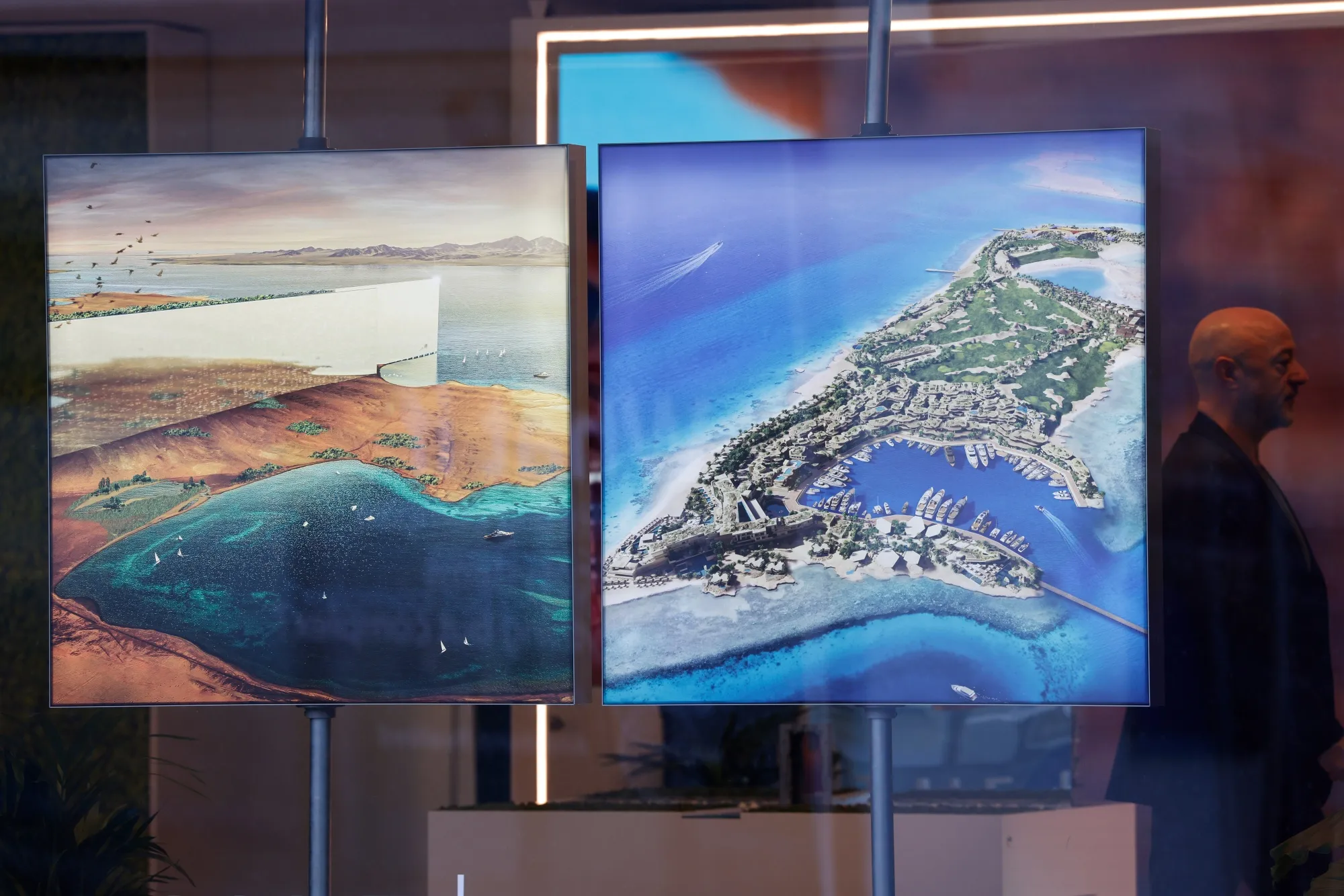 Project renderings in the window of the NEOM pop-up store on the closing day of the World Economic Forum (WEF) in Davos, Switzerland, in January 2023.&nbsp;