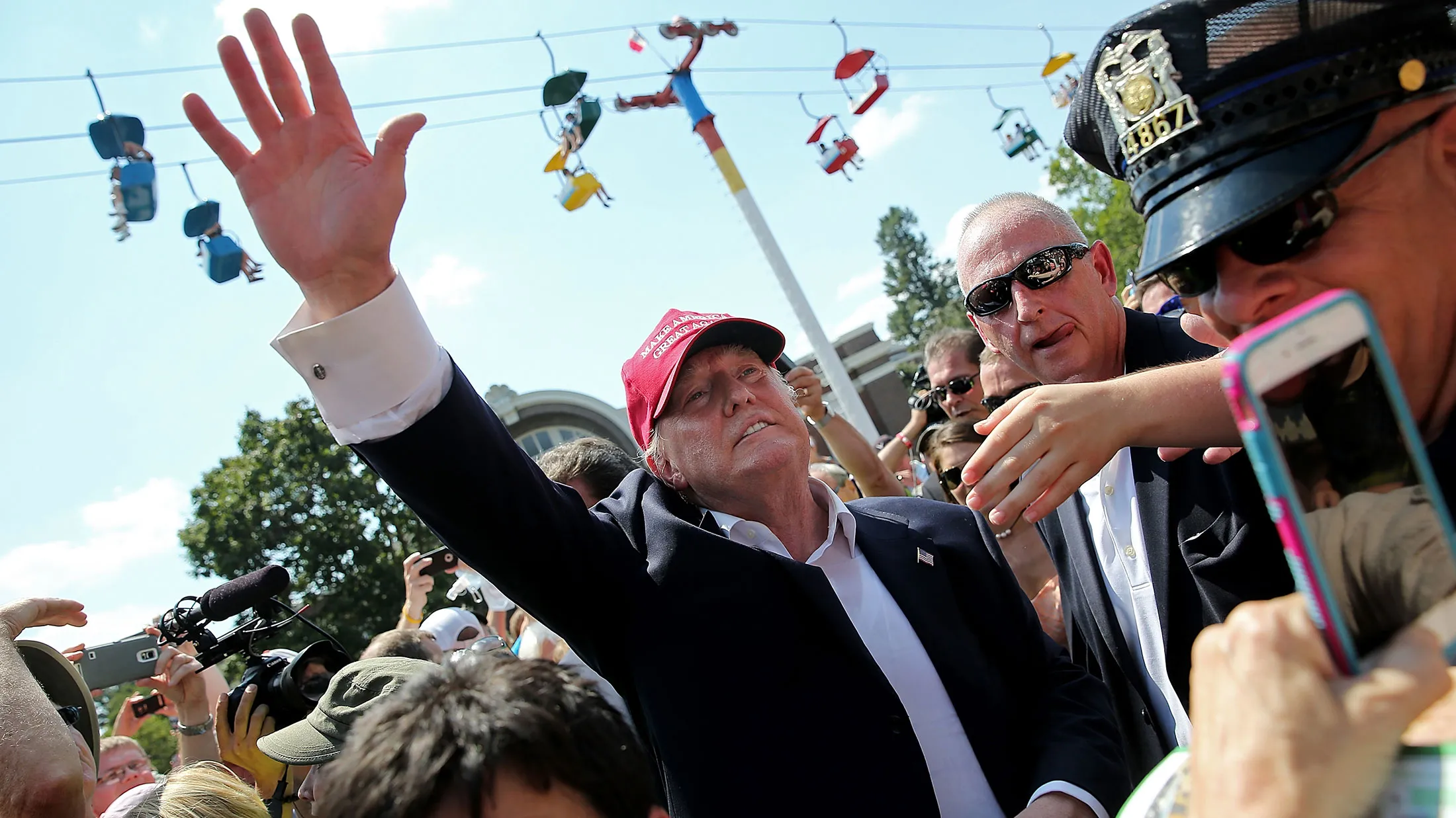 Donald Trump greets people at the Iowa State Fair on Aug. 15, 2015, in Des Moines, Iowa.
