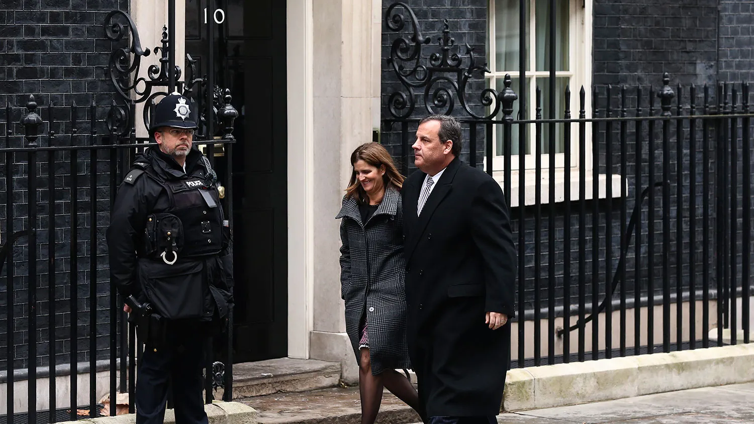 New Jersey Governor Chris Christie and his wife Mary Pat Christie arrive to meet Britain's Chancellor Of The Exchequer George Osborne in Downing Street on February 3, 2015 in London, England.
