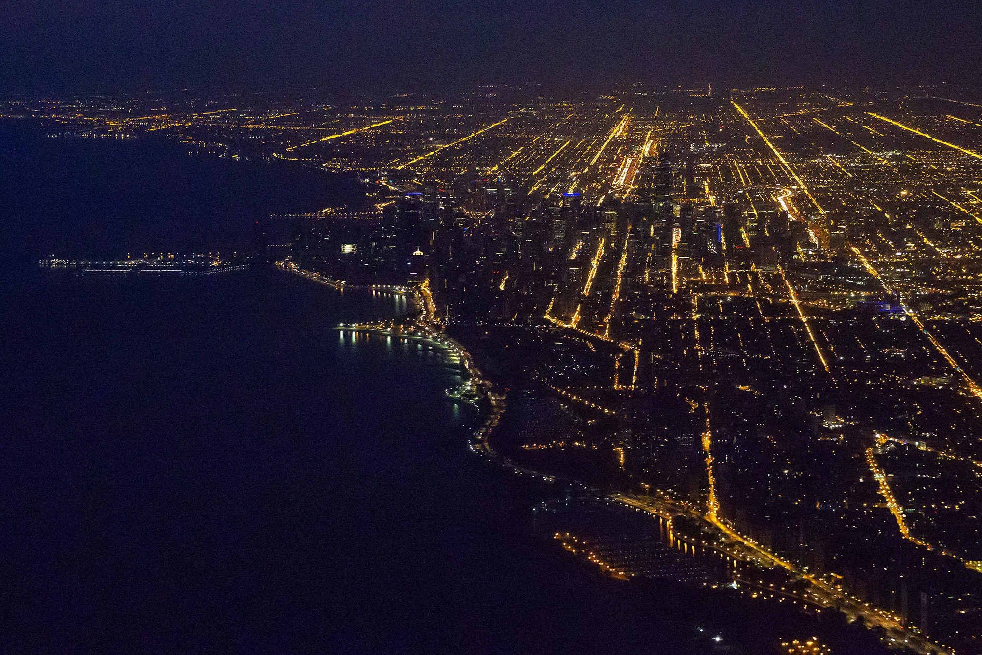 Chicago harbor aerial view at dawn.