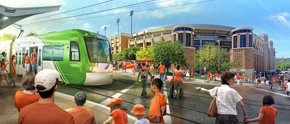 A rendering for a proposed light-rail transit line in Austin, Texas.