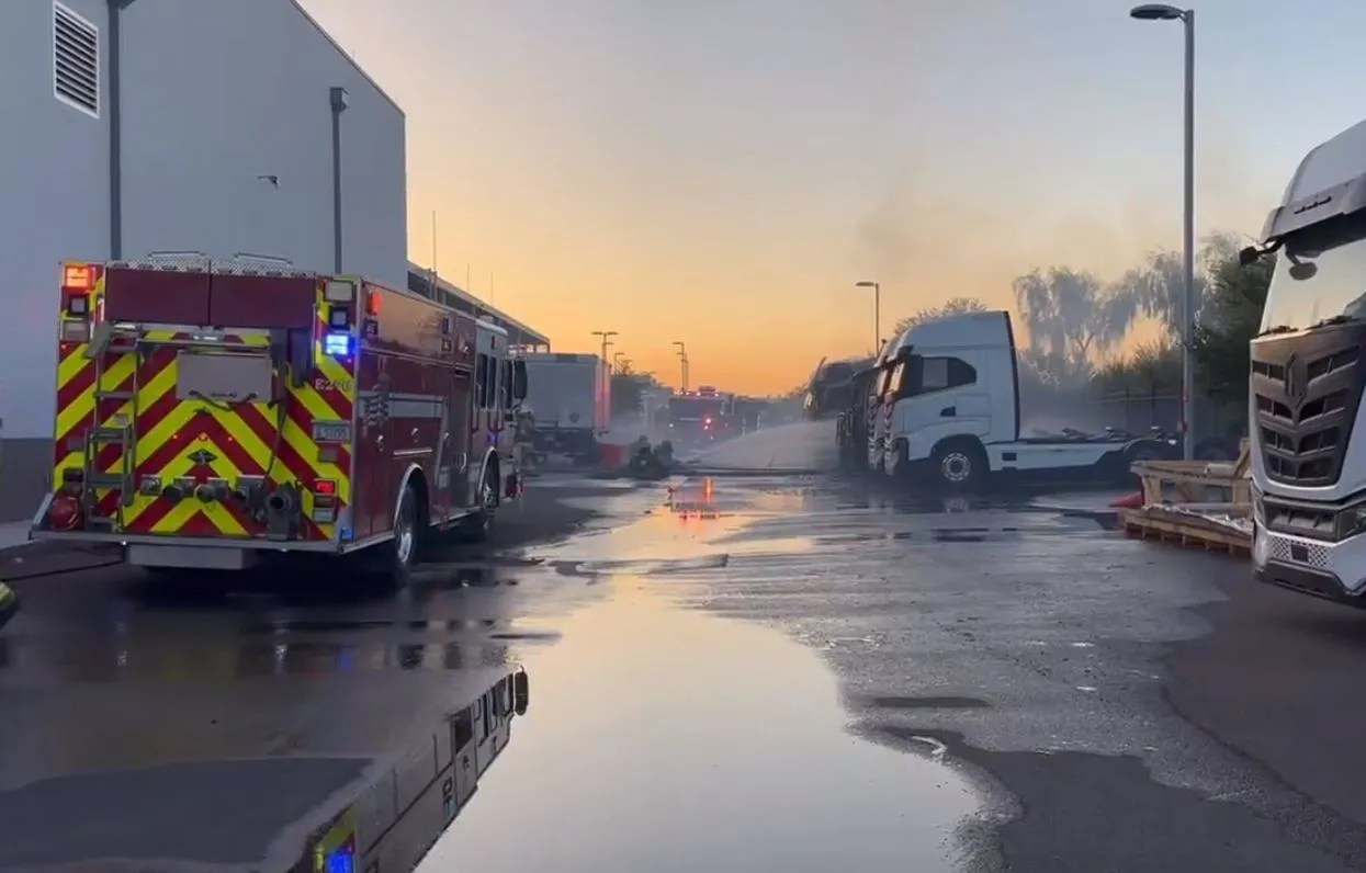 Firefighters at the scene of a fire at&nbsp;Nikola’s&nbsp;headquarters in Phoenix, Arizona.
